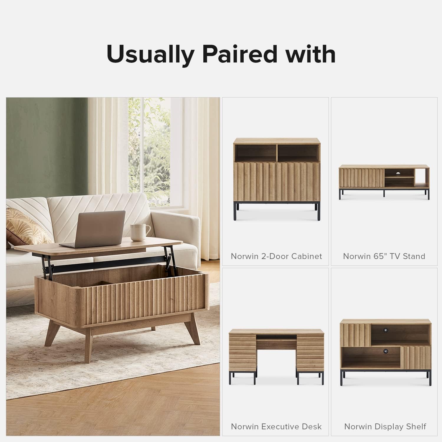 mopio Brooklyn Coffee Table, Lift Top Coffee Tables for Living Room, Mid Century, Modern Farmhouse Center Table with Lifting Top & Hidden Storage, Fluted Panel, Rising Pull Up (Oak Fluted)