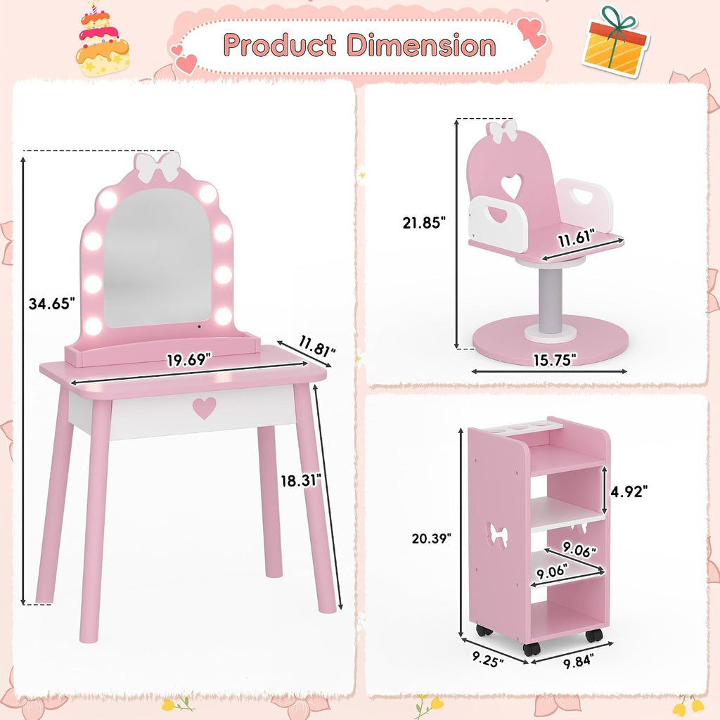 Wooden Kids Vanity Table and Chair Set with Light and Mirror, Princess Makeup Vanity Desk with Barber Chair and Rolling Cart, Pretend Hair Salon Play Set, Toddler Vanity Set for Girls, Pink