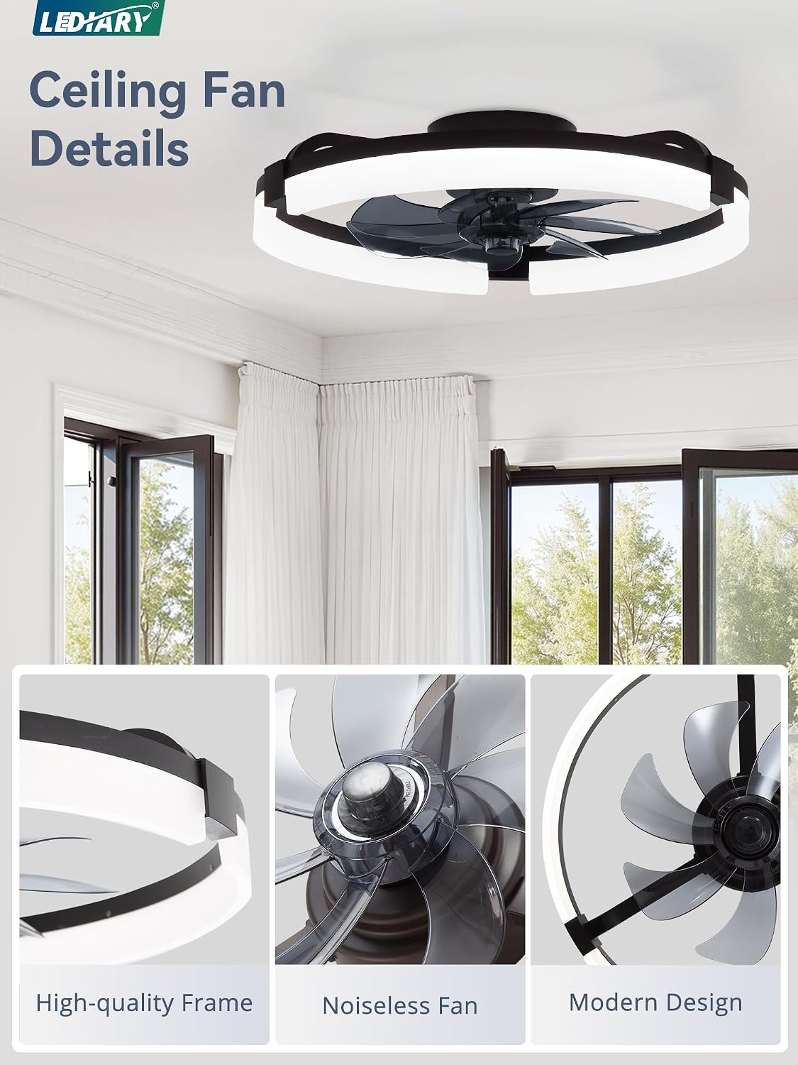 LEDIARY 2 Pack 20' Ceiling Fans with Lights and Remote, Low Profile Ceiling Fan, 3 CCT, Stepless Dimmable, Fandelier Flush Mount Fan Light, 6 Speeds, DC Motor, App & Remote Control for Bedroom(Black)