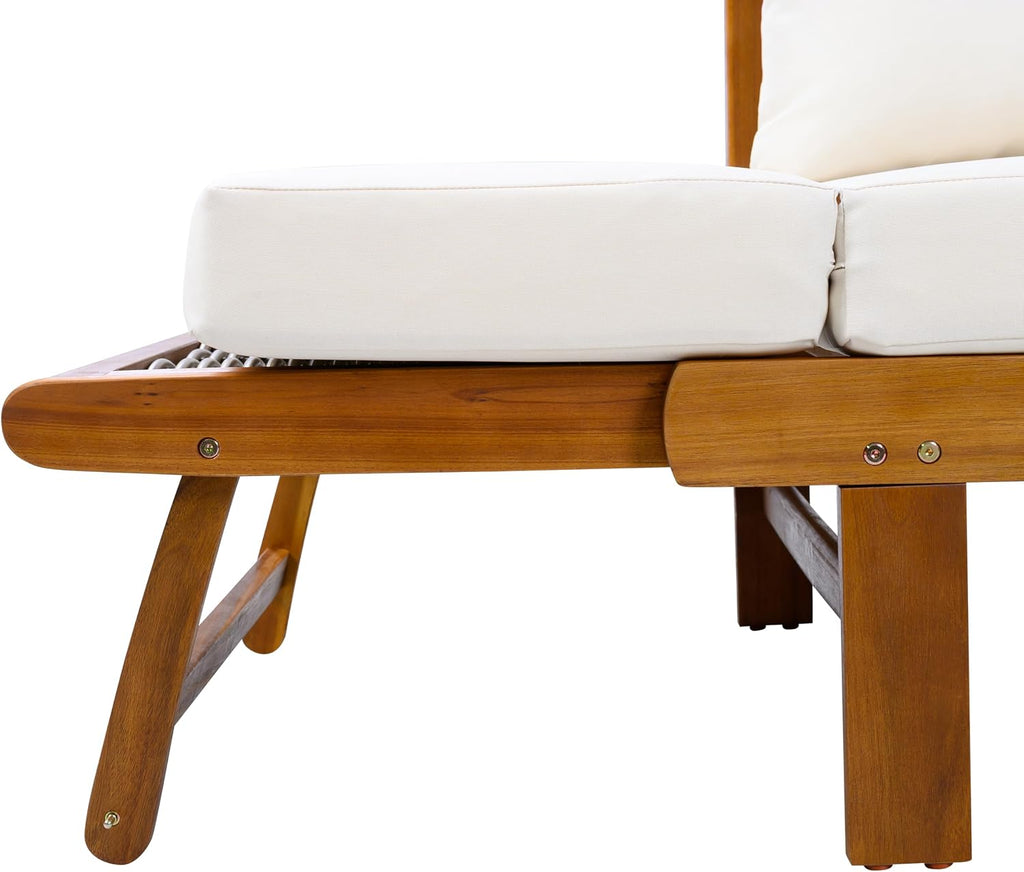 Christopher Knight Home Guru Patio Convertible Couch with Adjustable Armrest, Acacia Wood Outdoor Daybed, PE Wicker Patio 3 Seater Sofa, Back Pillow+Removable Cushion, Teak+Cream