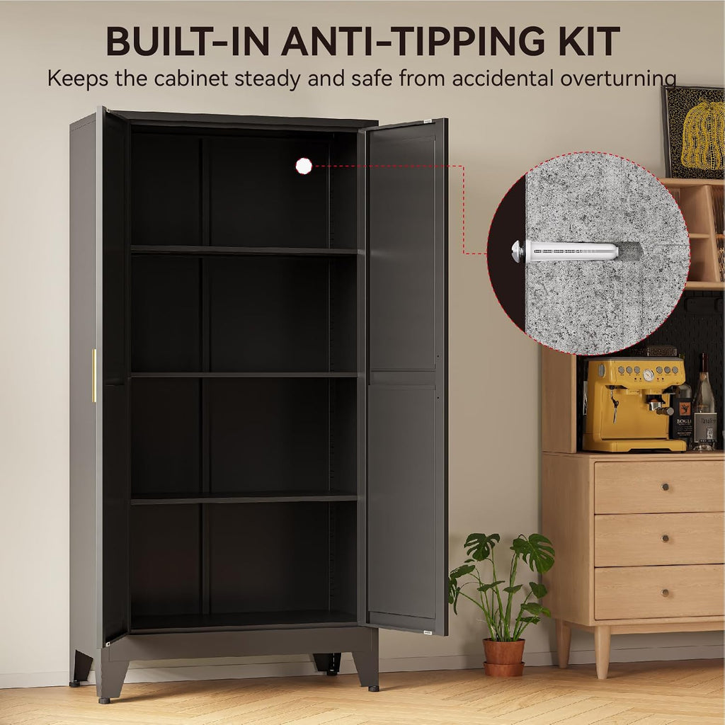 COFaR 61' Metal Pantry Cabinet in Black, Modern Storage Cabinet with Adjustable Shelves, Sturdy Metal Cupboard for Kitchen, Office, Living Room & Bathroom Organization