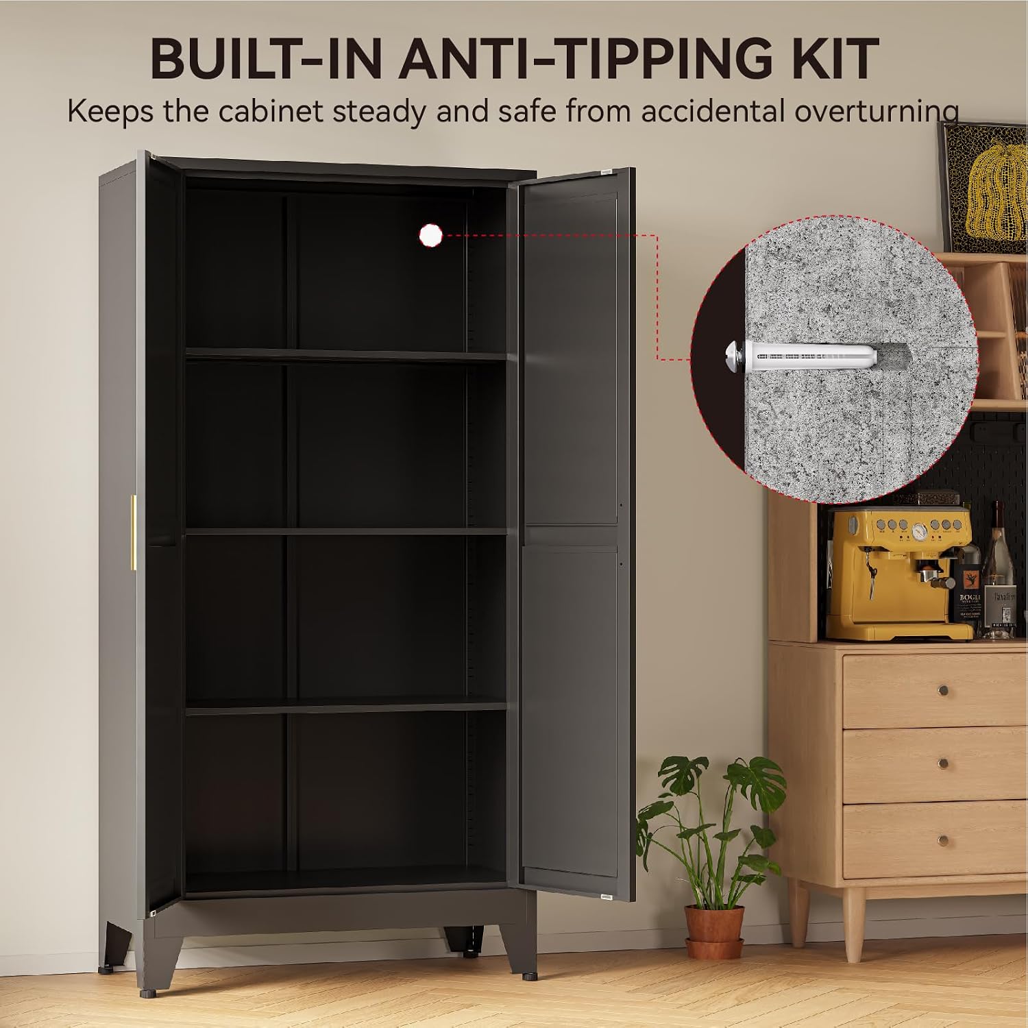 COFaR 61' Metal Pantry Cabinet in Black, Modern Storage Cabinet with Adjustable Shelves, Sturdy Metal Cupboard for Kitchen, Office, Living Room & Bathroom Organization
