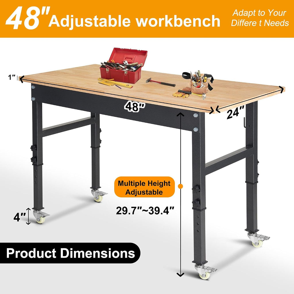 48' Adjustable Work Bench, Rubber Wood Top Workbench Heavy-Duty Work Table with Wheels, 2000 LBS Load Capacity Hardwood Work Benches for Garage, Workshop, Home, Office, Easy Assembly