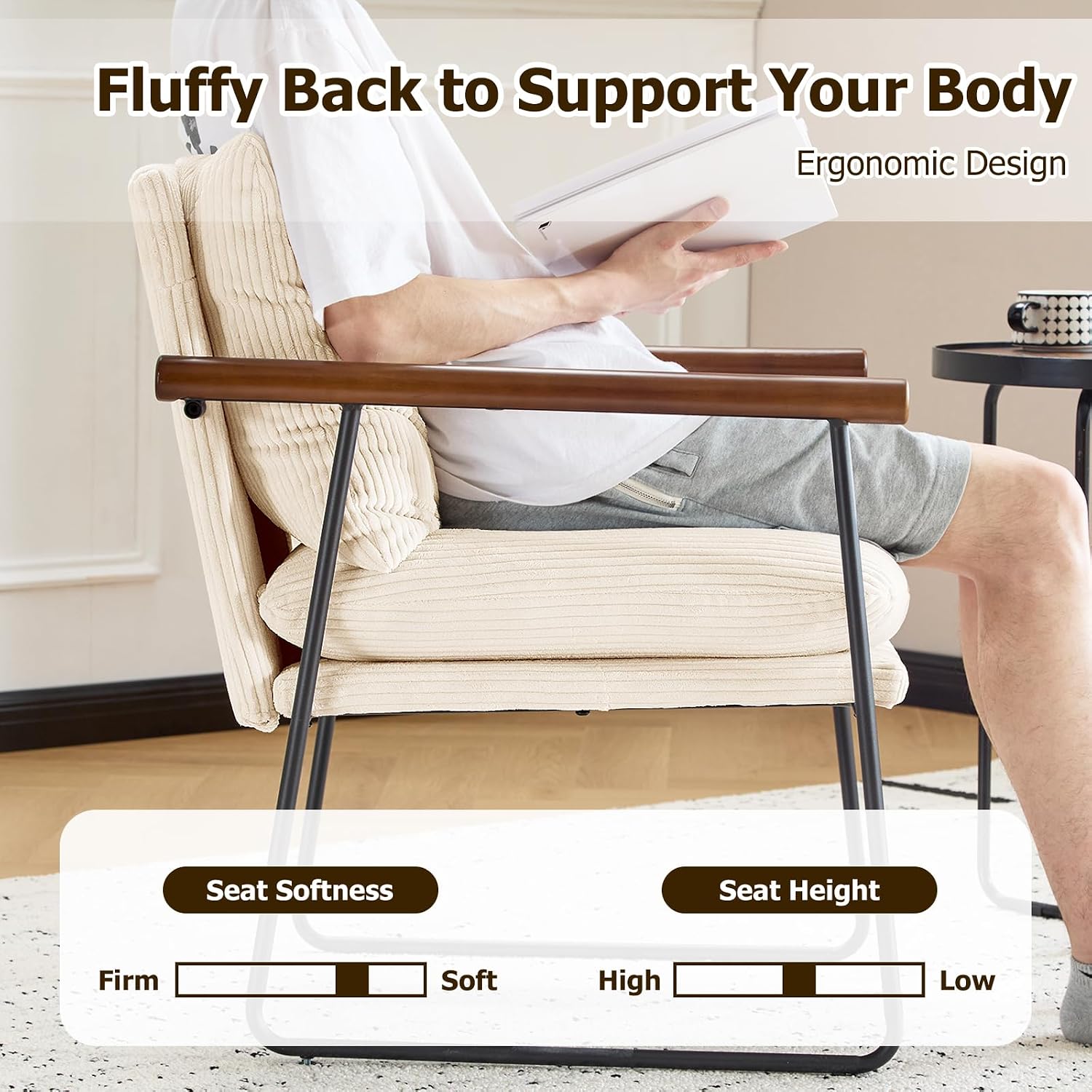 Furnilivng Large Sling Accent Chair, Comfortable Boucle Fabric Arm Chair, Upholstered Cozy Reading Chair for Living Room, Bedroom, Dressing Room, Home Office (Beige, Set of 2)
