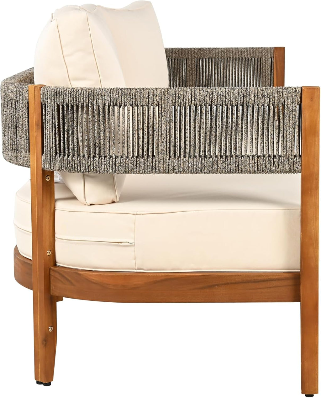 Christopher Knight Home Rekker Patio Acacia Wood 3-Seater Sofa, Patio Furniture Set 3-Seater Outdoor Sofa, Tub Design Outdoor Couch with Woven Rope and Removable Cushion,Comfy Reading Chair,Teak+Beige