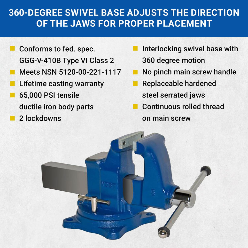 Yost Vises 205 5' Machinist Vise with 360-Degree Swivel Base, Blue