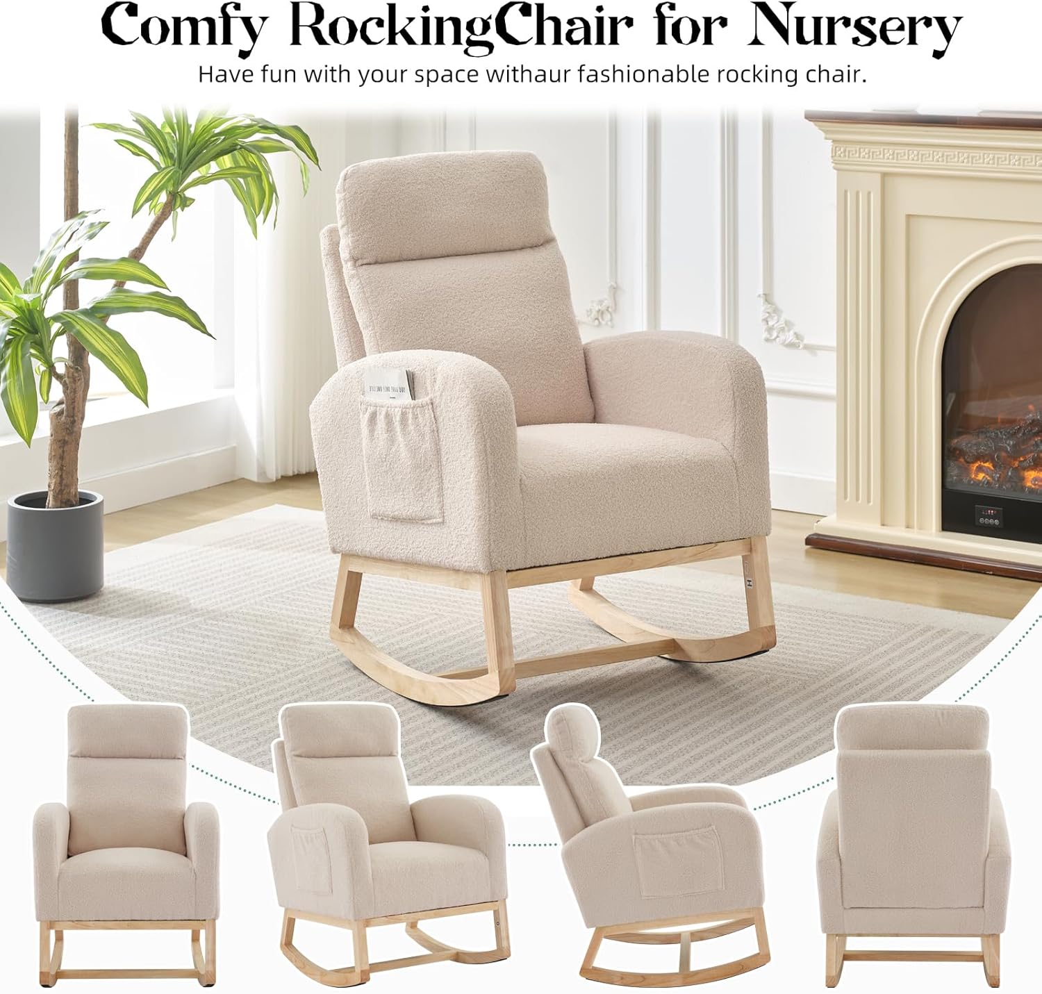 Garvee Teddy Fleece Nursery Rocking Chair,Upholstered Glider with 26' High Backrest, Padded Seat,Modern 300 Lbs Weight Capacity Accent Recliner for Living Room, Bedroom, Reading