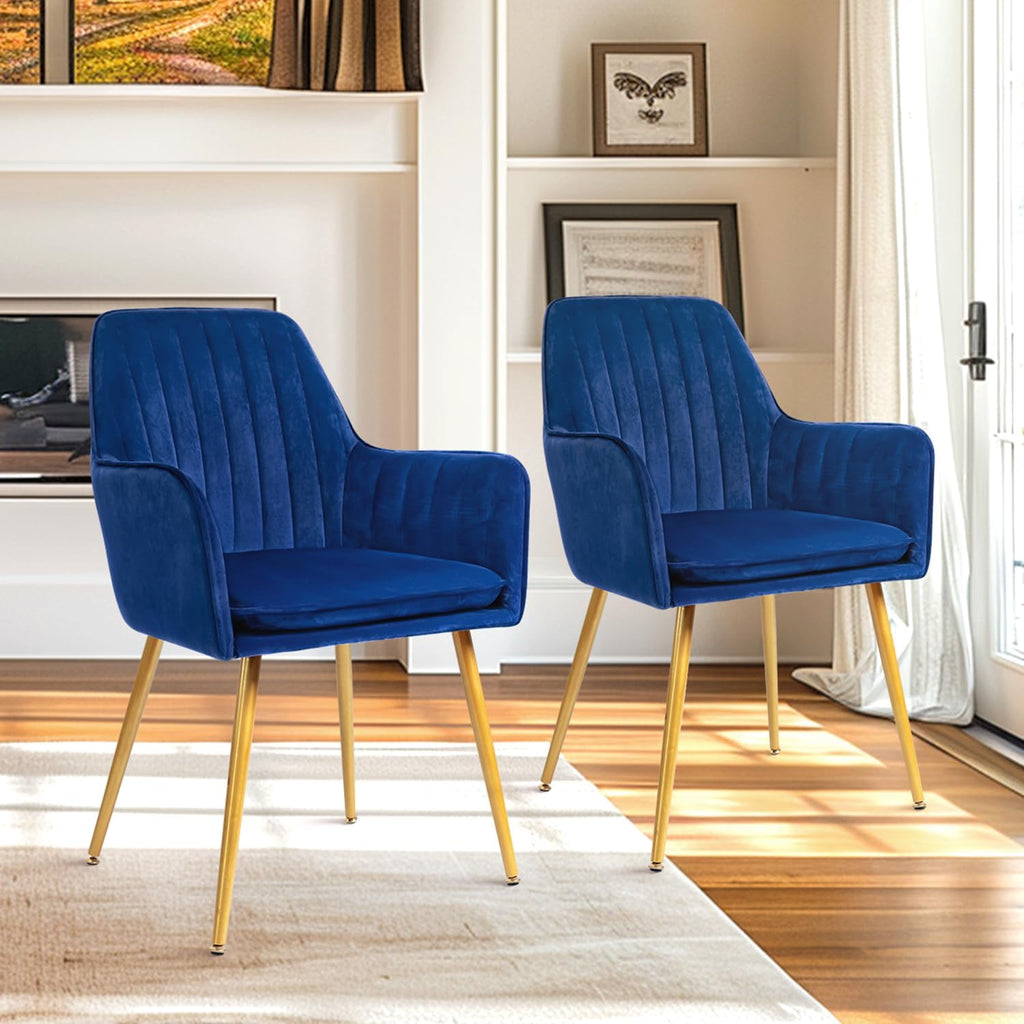 CangLong Furniture Modern Living Dining Room Accent Arm Chairs Club Guest with Gold Metal Legs, Set of 2, Navy Blue