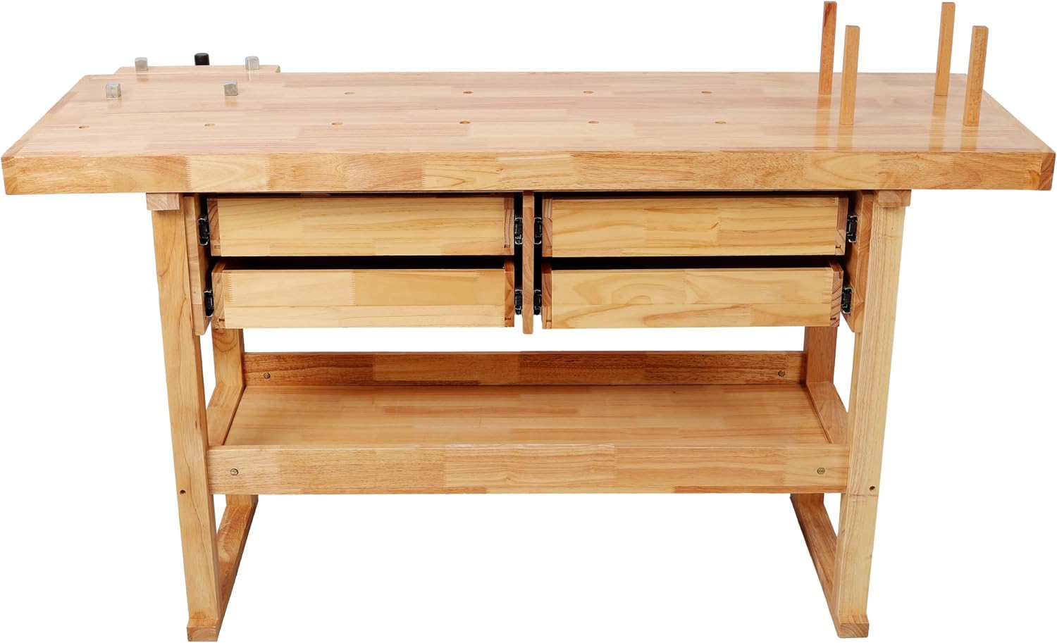 Montary 60-Inch Rubber Hardwood Workbench with 4 Drawers & Shelf, 330LBS Heavy Duty Portable Work Bench with Adjustable Handle, Woodworking Table for Garage, Workshop & Home Storage
