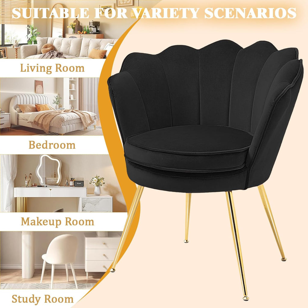 Czlolo Accent Chairs Set of 2 for Living Room, Velvet Upholstered Makeup Room Vanity Chair with Back, Golden Metal Legs Small Accent Side Chair for Bedroom, Cloud Chair Set, 2 Pcs Black