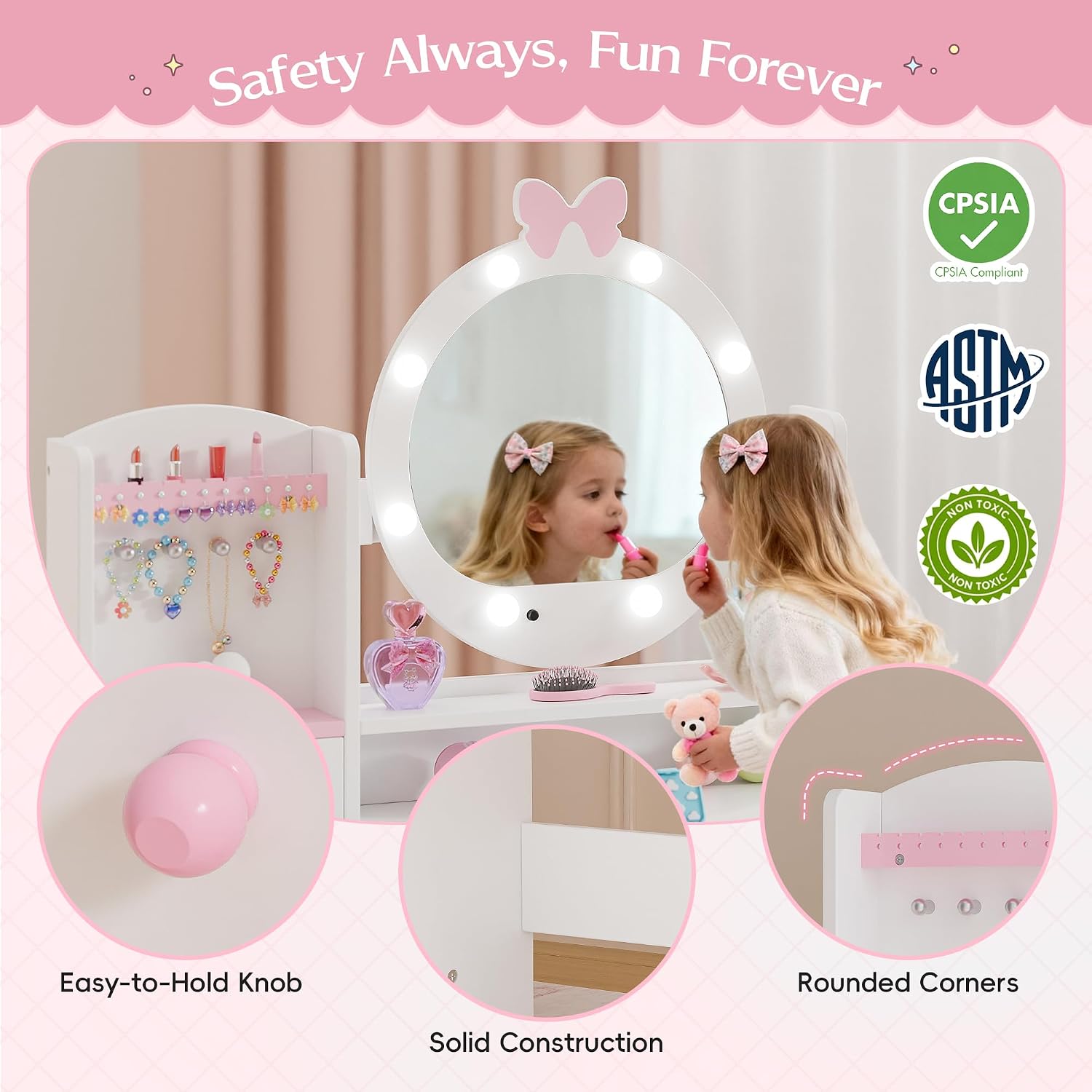 TOLEAD Kids Vanity, Girls Vanity Set with Mirror and Stool and Lights, Toddler Vanity Table and Chair Set with Jewelry Storage, Wooden Princess Makeup Desk Dressing Table for Girls (White)
