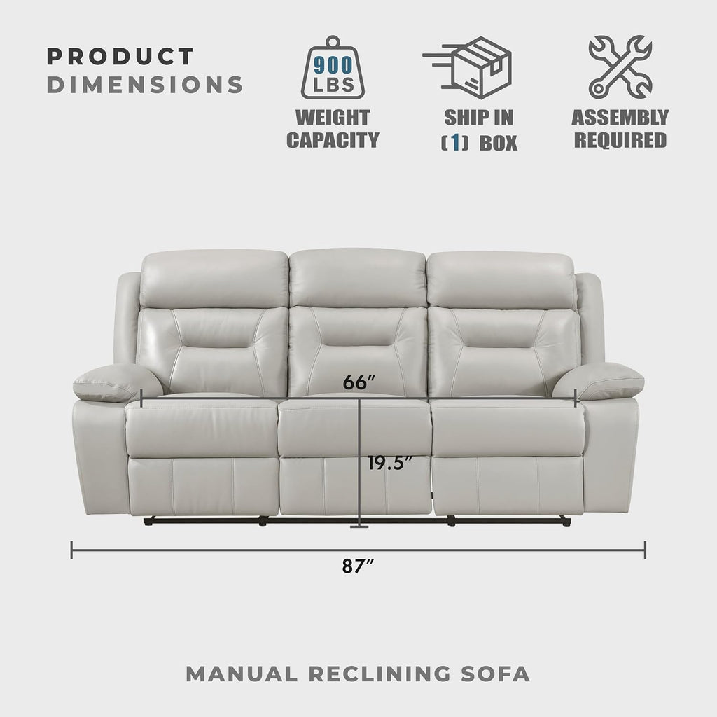 Lexicon Reclining Sofa for Living Room, Double Recliner RV Couch, Manual Wall Hugger Recliner, Home Theater Seating Leather Match Reclining Sofa with Pillow Top Armrests, 87''W Couch, Silver