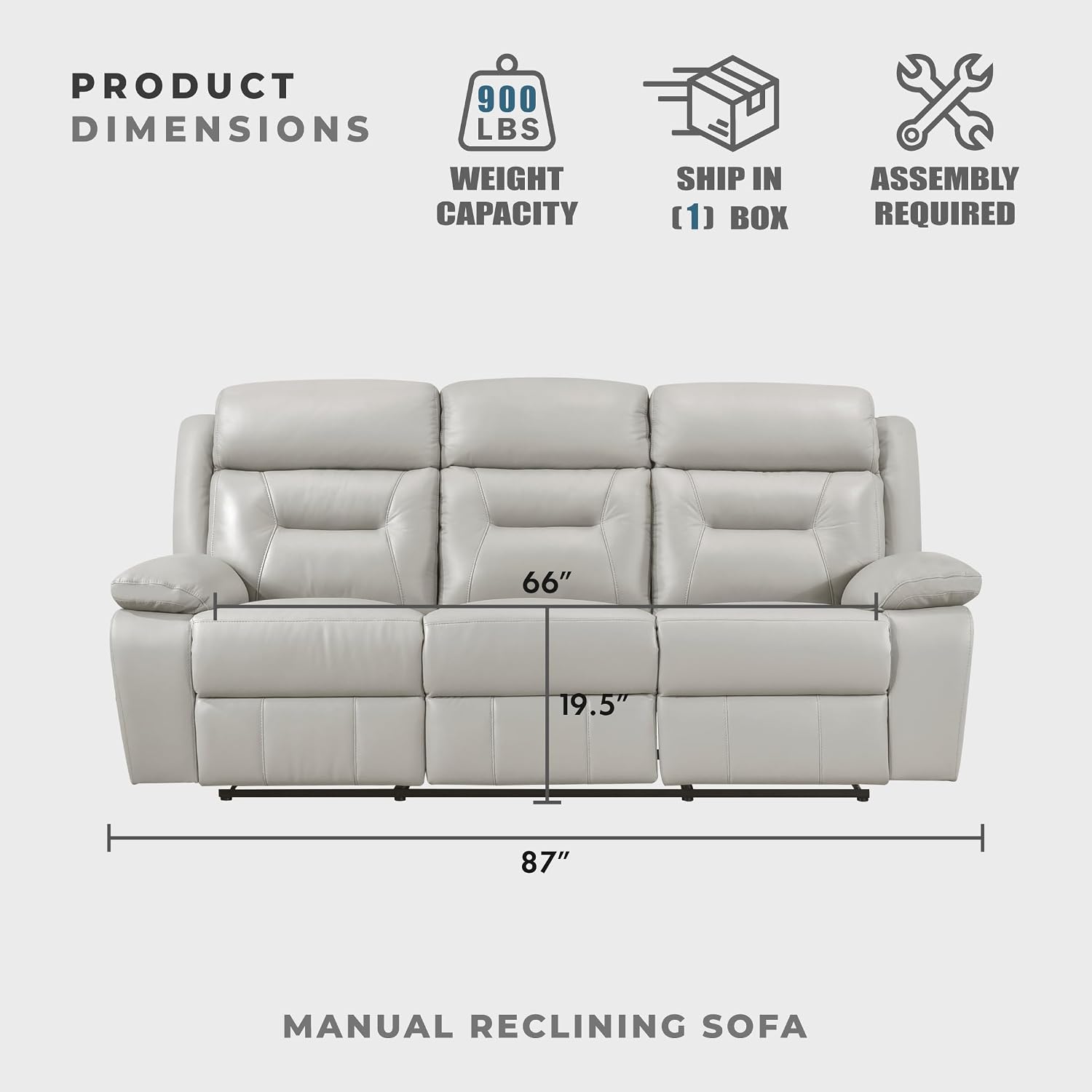 Lexicon Reclining Sofa for Living Room, Double Recliner RV Couch, Manual Wall Hugger Recliner, Home Theater Seating Leather Match Reclining Sofa with Pillow Top Armrests, 87''W Couch, Silver