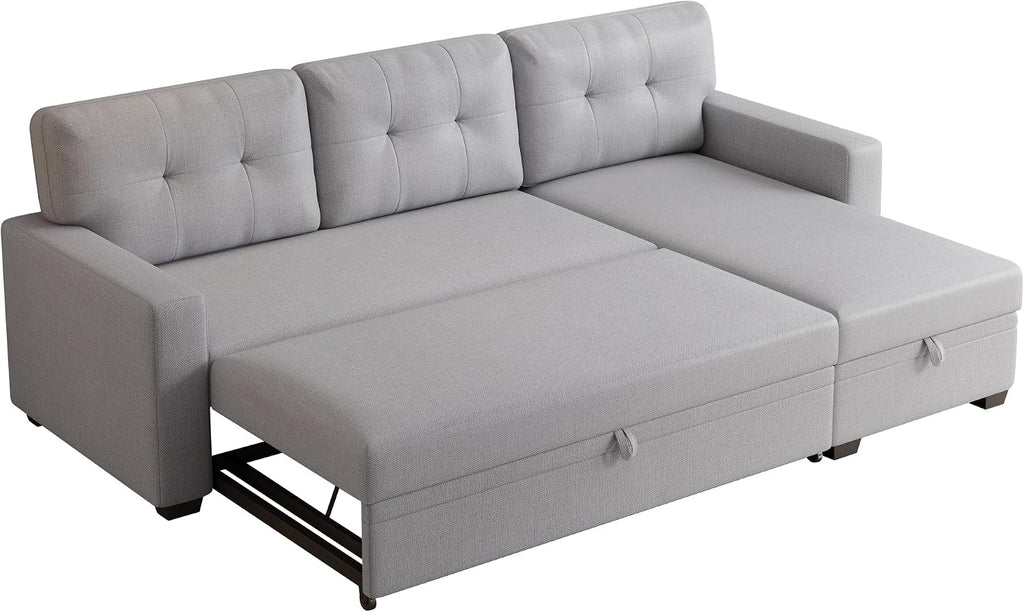 82' L-Shape Convertible Sectional Sleeper Sofa with Storage Chaise and Pull-Out Bed,Modular Small Corner Couch Cama Lounge W/Removable Back Cushions & Armrest,for Home Furniture,Light Gray