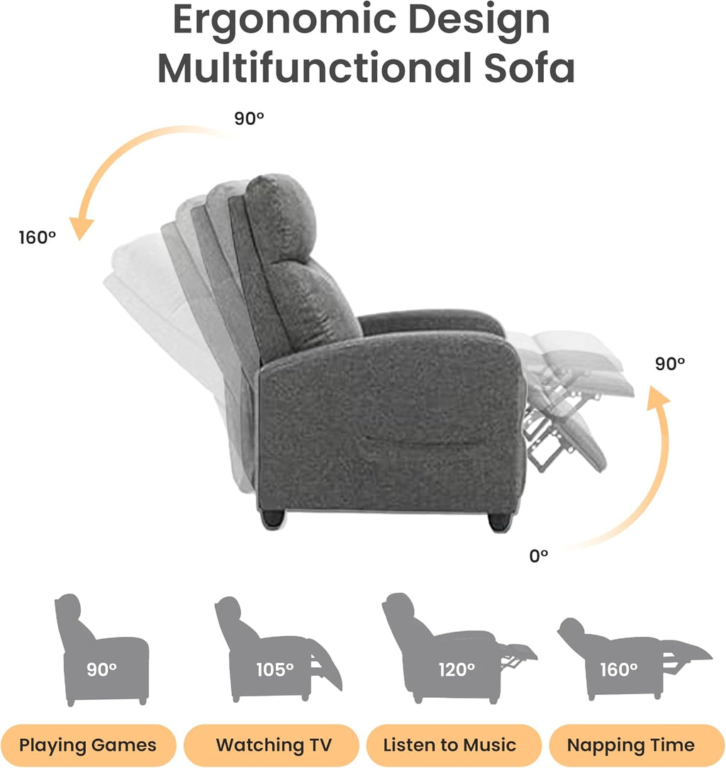 HealSmart Adjustable Push Back Recliner Chair, Soft Fabric Lounge Sofa for Reading & Relaxing, Perfect Home Theater Chair for Living Room & Bedroom, Grey