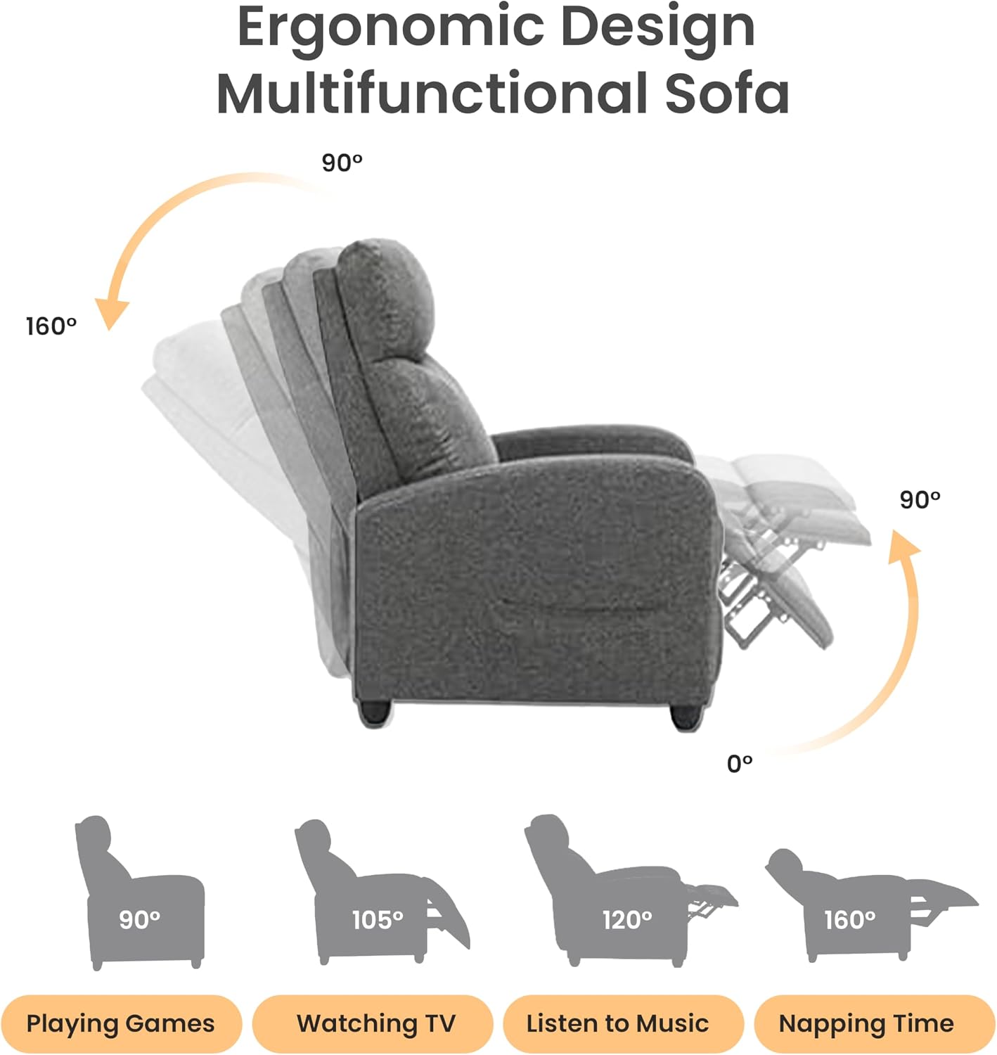 HealSmart Adjustable Push Back Recliner Chair, Soft Fabric Lounge Sofa for Reading & Relaxing, Perfect Home Theater Chair for Living Room & Bedroom, Grey