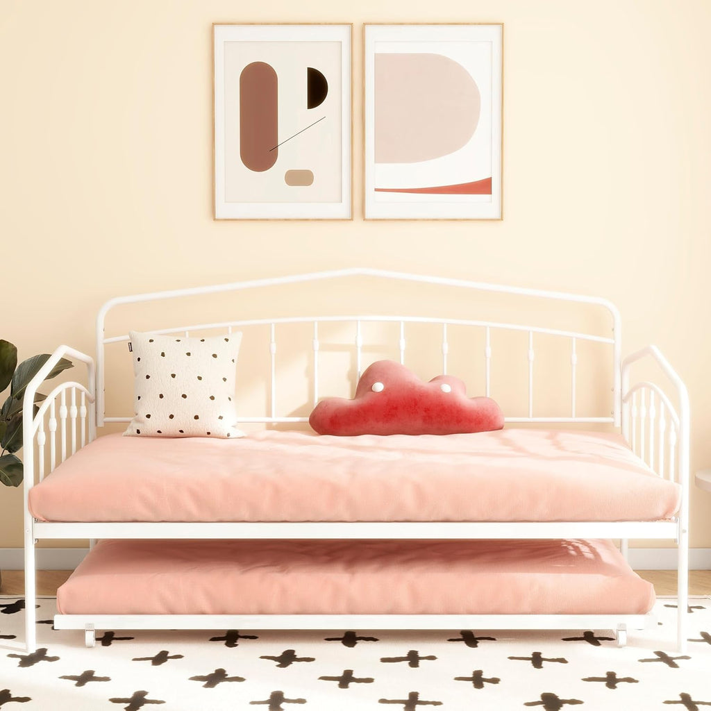 Christopher Knight Home Fox Twin Daybed with Trundle, Metal Sofa Bed Set, Rollaway Daybed Couch Bed Frame for Bedroom Living Room Guest Room, Elegant and Simple Style, Anti-Noise, Easy Assembly, White