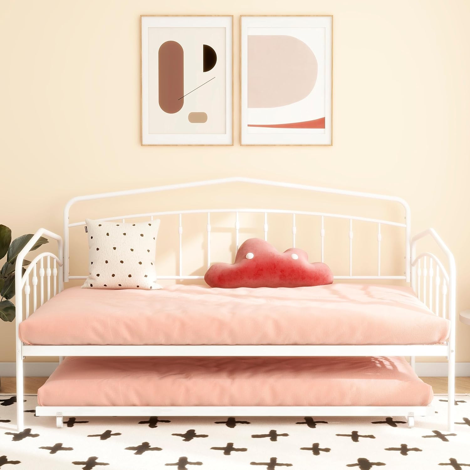 Christopher Knight Home Fox Twin Daybed with Trundle, Metal Sofa Bed Set, Rollaway Daybed Couch Bed Frame for Bedroom Living Room Guest Room, Elegant and Simple Style, Anti-Noise, Easy Assembly, White