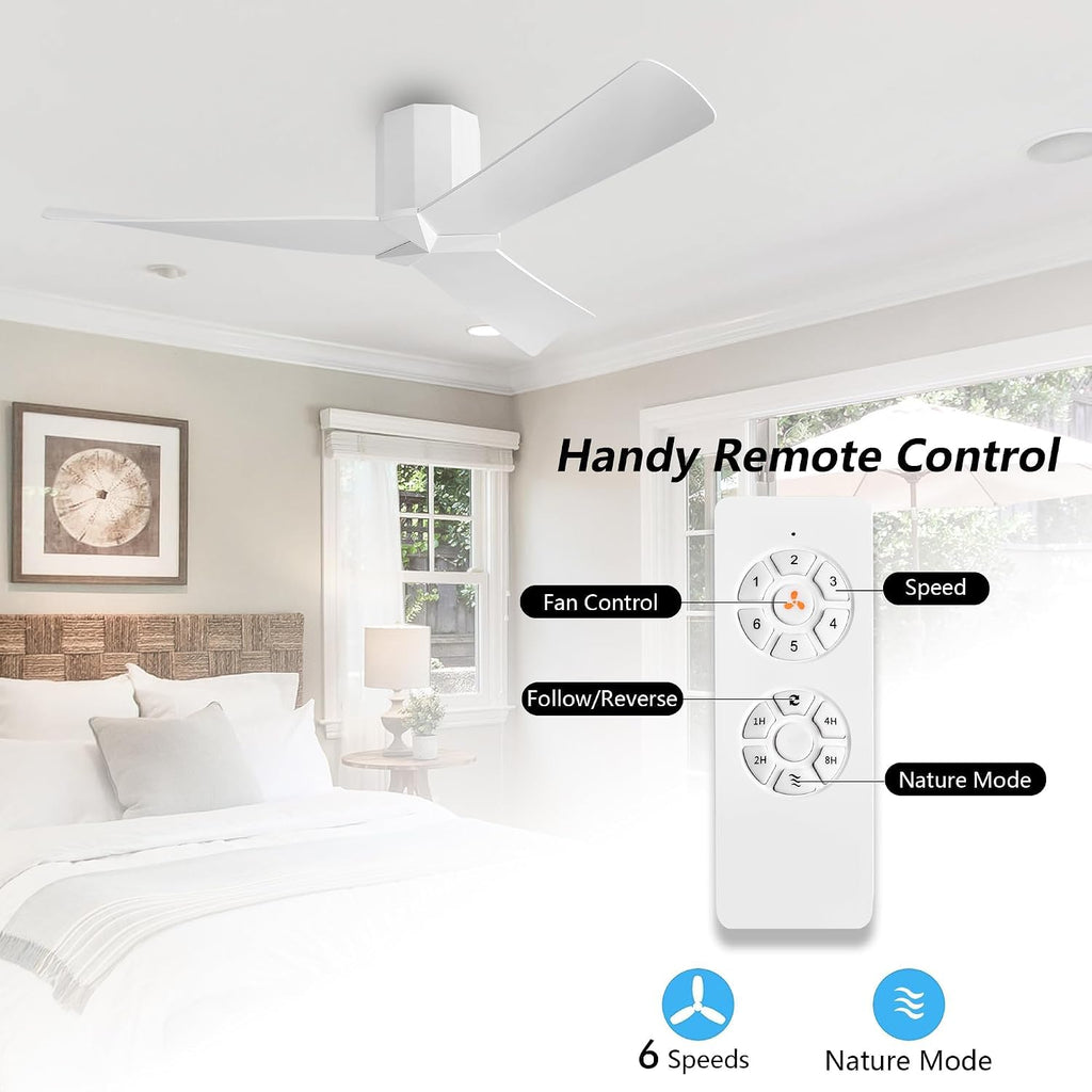 WINGBO 52' Ceiling Fan no Light - Gloss White DC Flush Mount Ceiling Fan, 3 ABS Plastic Curved Blades, 6 Speed Reversible DC Motor, Hugger Ceiling Fans No Light for Kitchen, Bedroom, Living Room