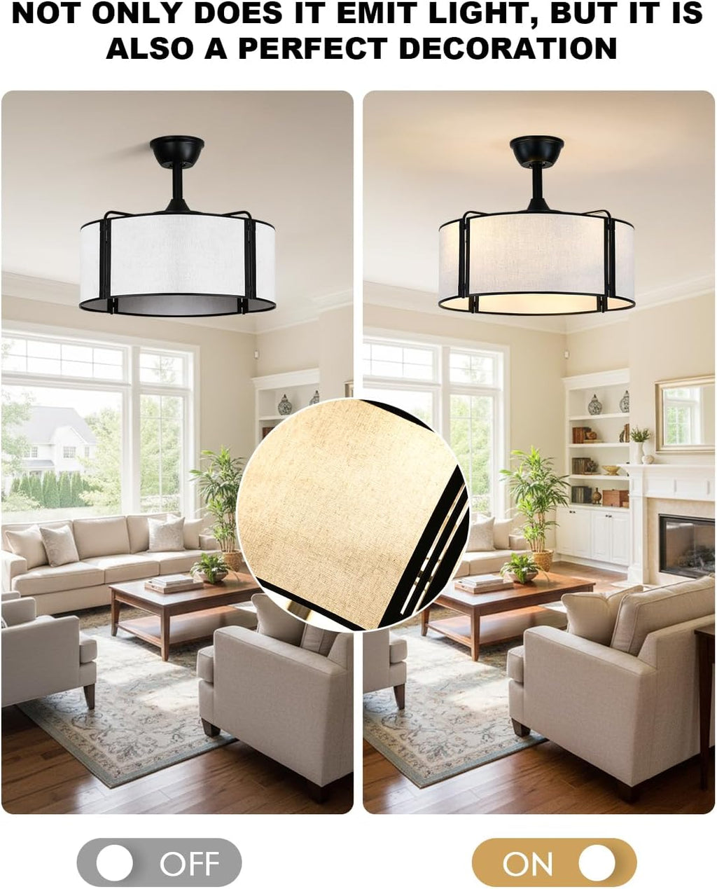 20' Black Caged Boho Fandelier Ceiling Fan with Light, Bladeless Flush Mount Chandelier Fan with Remote Control, 6 Speeds Quiet Reversible Motor for Bedroom, Nursery, Foyer, Dining Room, Living Room