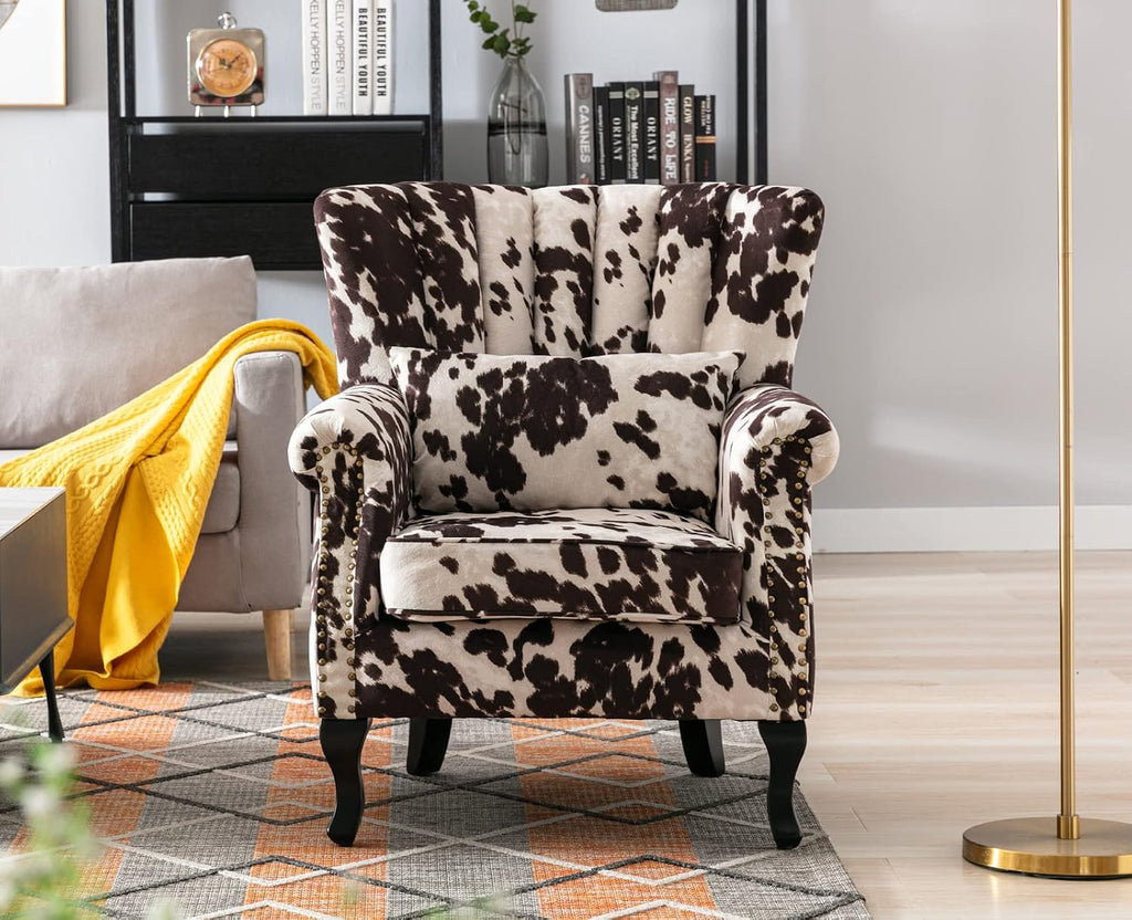 Kmax Cow Print Accent Chair Velvet Wingback Chair with Pillow Nail-Head Channel Tufted Oversized Club Chair for Living Room Bedroom Guest Room