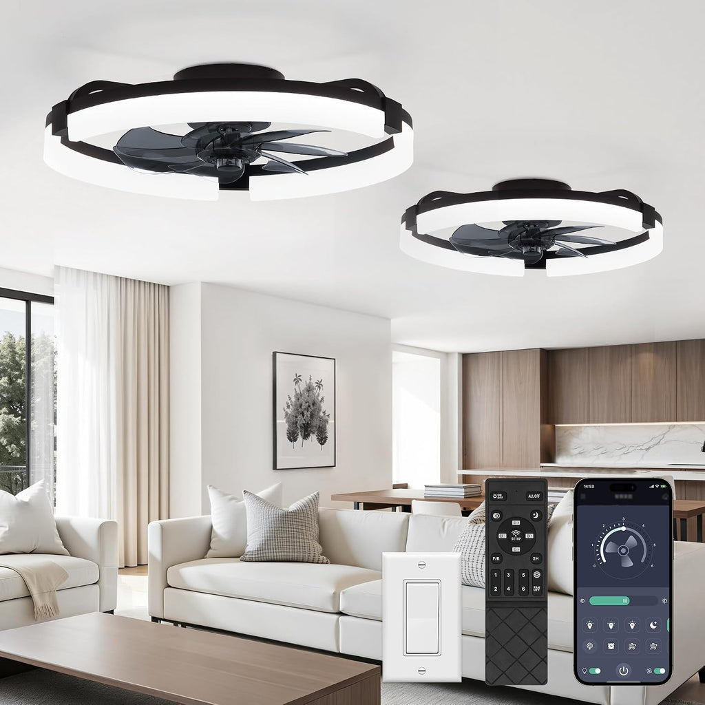 LEDIARY 2 Pack 20' Ceiling Fans with Lights and Remote, Low Profile Ceiling Fan, 3 CCT, Stepless Dimmable, Fandelier Flush Mount Fan Light, 6 Speeds, DC Motor, App & Remote Control for Bedroom(Black)