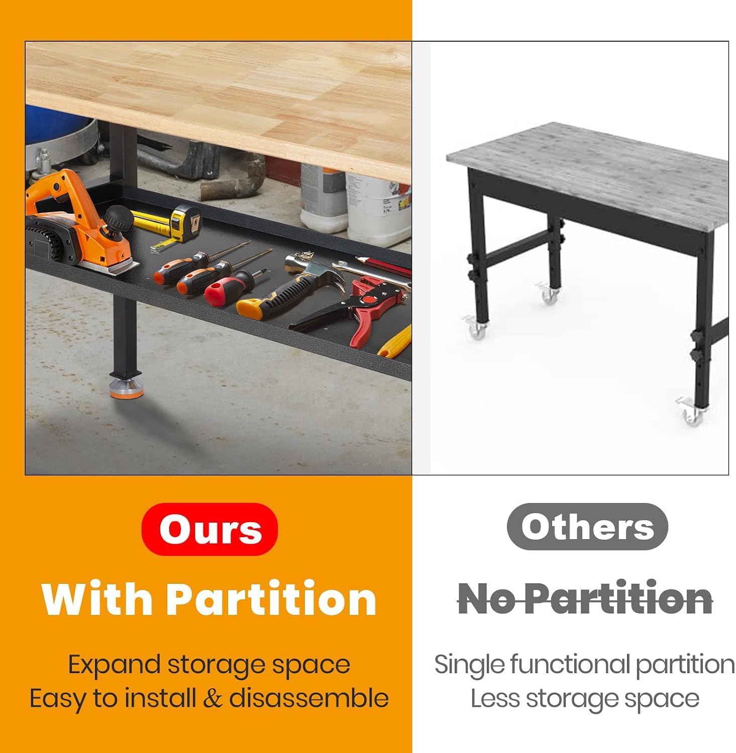 48'/60'' Adjustable Workbench, Rubber Wood Work Bench Heavy-Duty with Partition,2000 LBS Load Capacity Hardwood Work Table for Garage, Workshop, Home, Office, Easy Assembly (w/partition,48'')