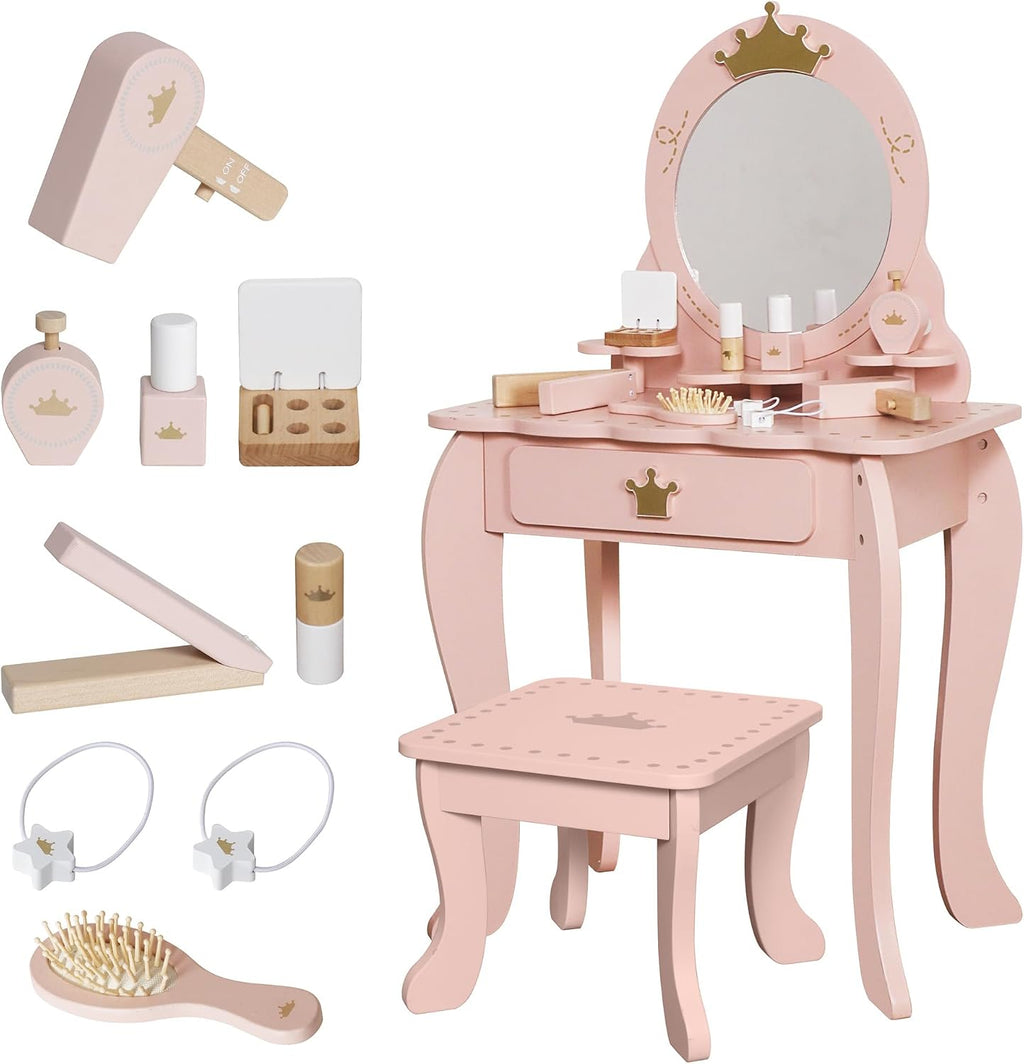 Little Girl Makeup Table with Mirror and Chair,Kids Vanity Table&chair Set with Storage Drawer,Toddlers Pretend Play Vanity with 9pcs Multiple Make up Accessories, Princess Vanity Desk for 3+ (pink)