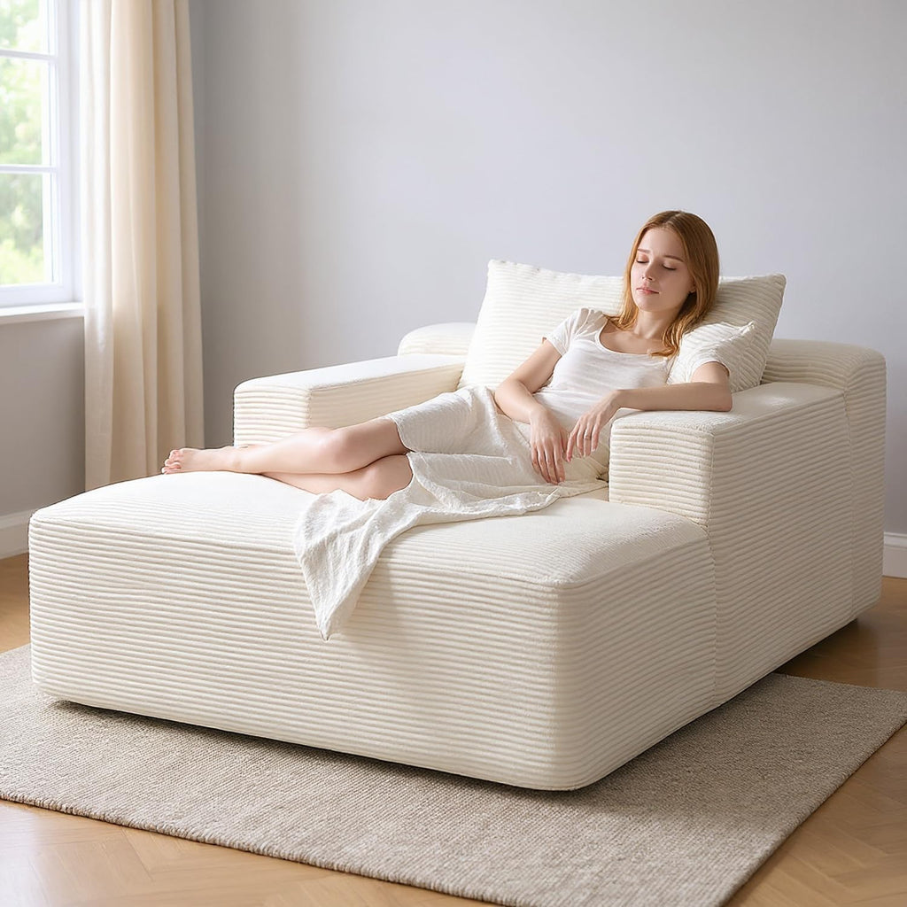 Container Furniture Direct Dawson Convertible Chaise Lounge Chair Indoor – Oversized Corduroy Couch with Wide Armrest & Throw Pillows, Cozy Boneless Sleeper Sofa Bed Armchair, Beige