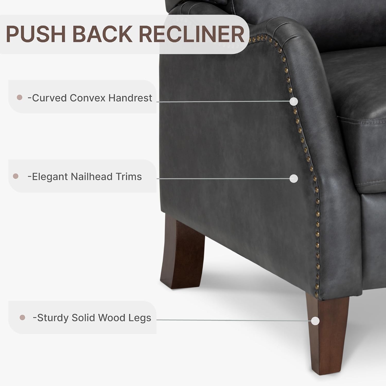 KISLOT Leather Pushback Recliner Faux Armchair with Rivet Decoration Single Sofa Accent Chair for Living Room Bedroom