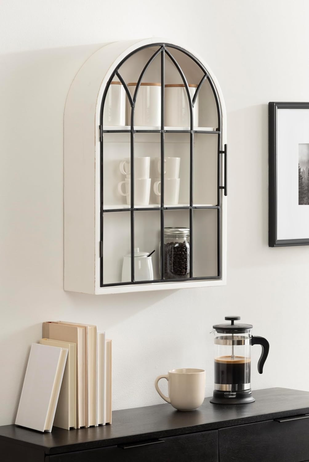 Kate and Laurel Megara Decorative Wooden Hanging Arched Wall Cabinet with Door for Open Storage; 16 x 6 x 24; White and Black; Wooden Floating Wall Bathroom Cabinet for Above Toilet Storage