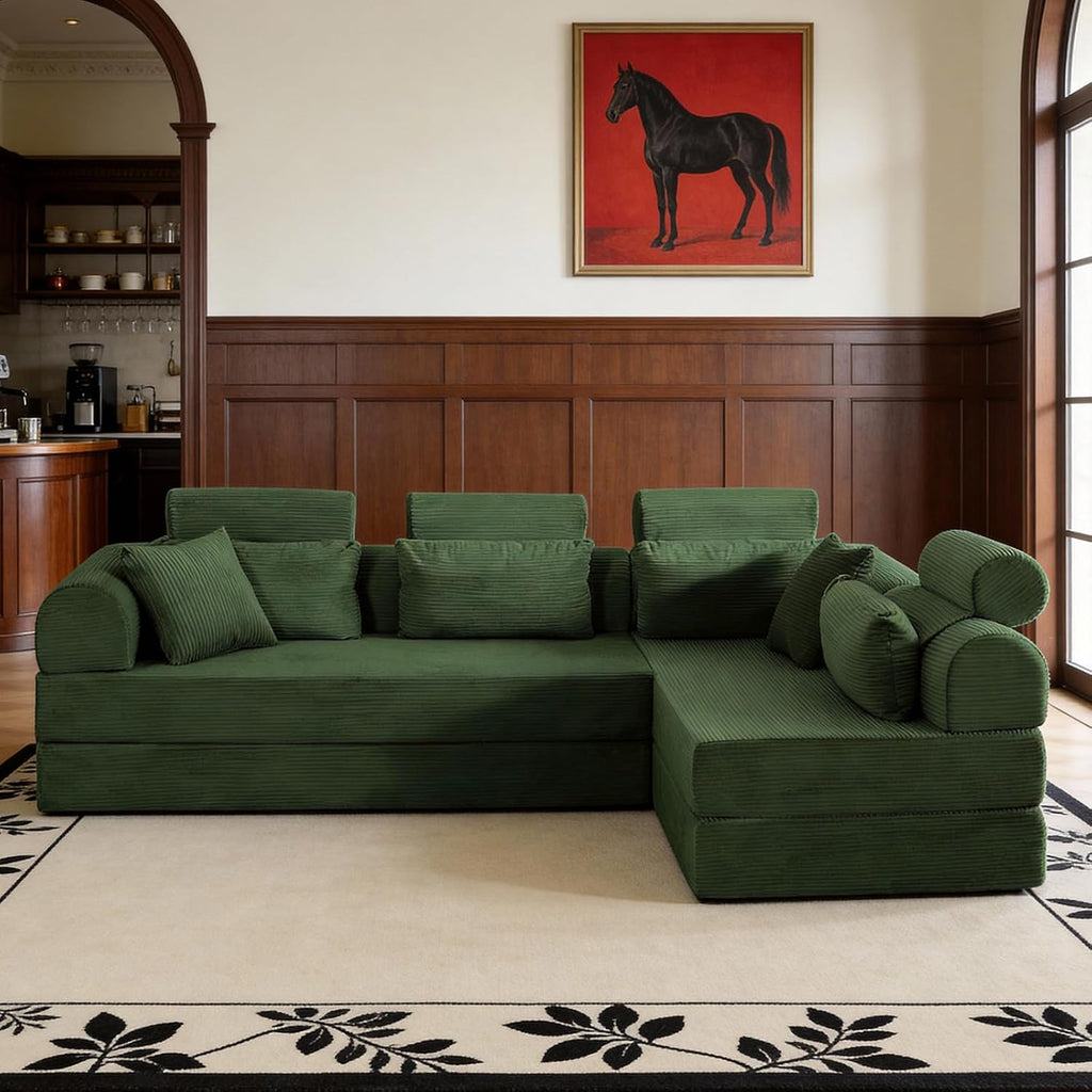 KEIKI 6-in-1 Folding Convertible High Back Sofa Sleeper, 106' Oversized Modular Sectional Corduroy Upholstered L Shape Couches for Living Room, Premium Foam for Contemporary Family Room, Green