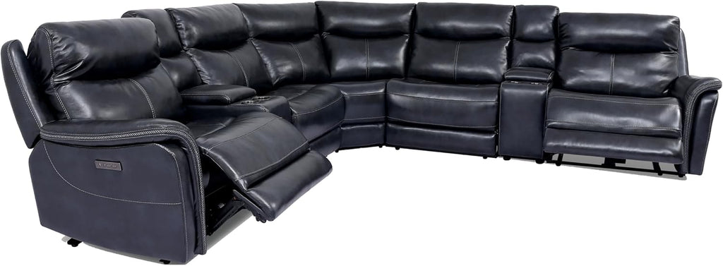 Furniture of America Pawona 135.5 inches Leather Upholstered Power Recliner Sectional with Cup Holders, Storage Console and USB Charger for Living Room, Home Office, Dark Navy