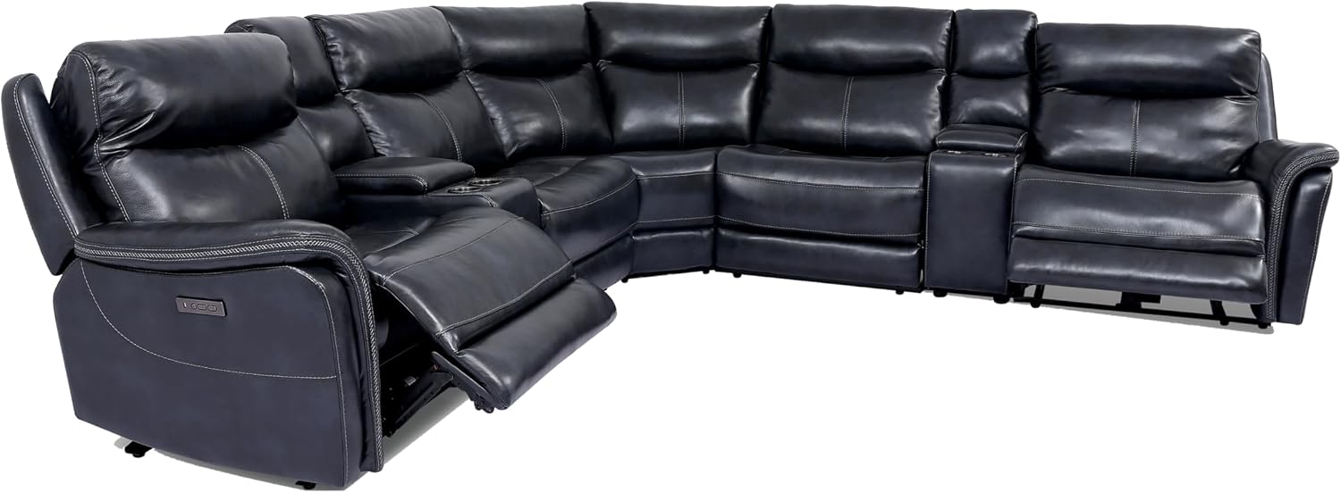 Furniture of America Pawona 135.5 inches Leather Upholstered Power Recliner Sectional with Cup Holders, Storage Console and USB Charger for Living Room, Home Office, Dark Navy