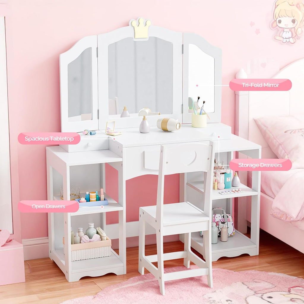 JOYMOR Kids Vanity Table and Chair Set with Tri-Fold Mirror, Extra-Wide Kids Vanity Set, Princess Dressing Table with Stool for Girls Ages 3-8 (White)