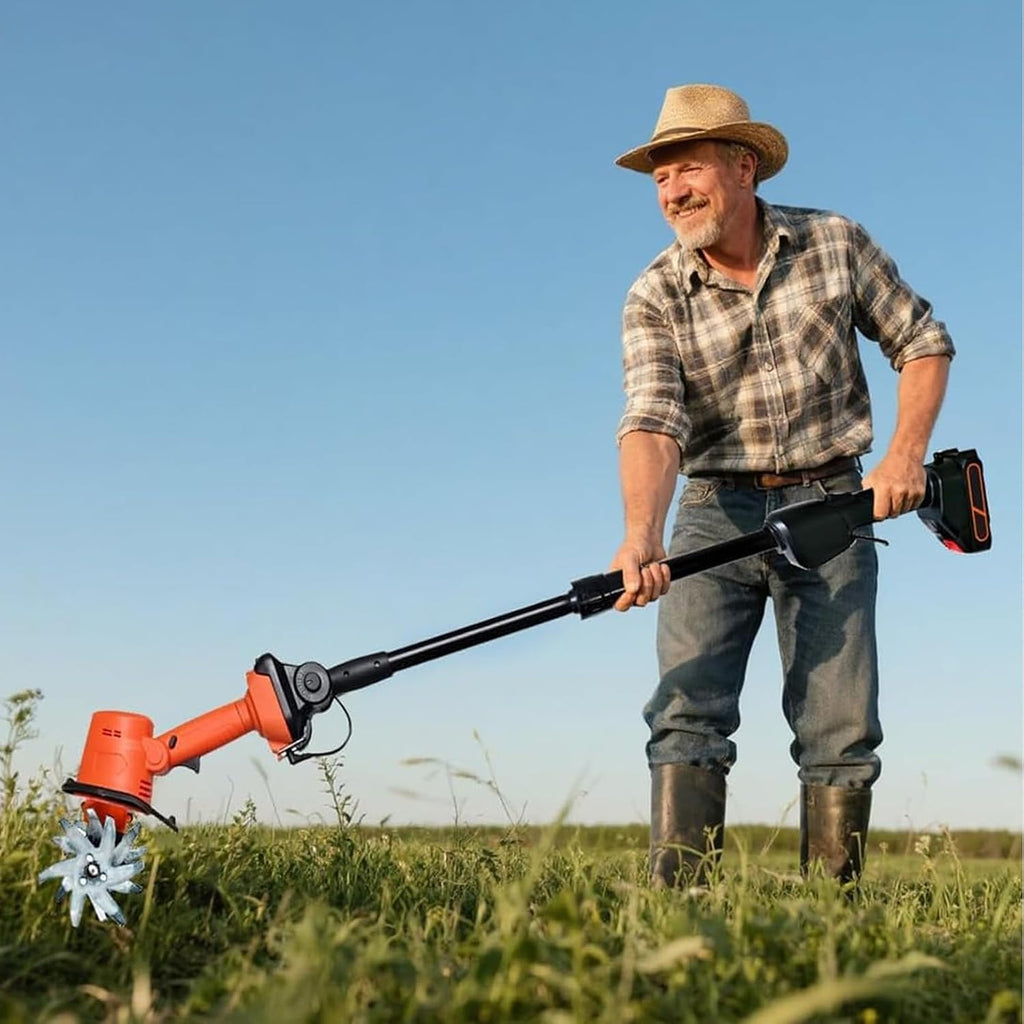 21V Cordless Tiller for Gardening, 360 RPM Electric Garden Tiller, 2-in-1 Powered Mini Cultivator with 2×2.0Ah Batteries & Charger, 5' Tilling Width, 4' Depth, for Lawn/Soil Cultivation (with Pole)
