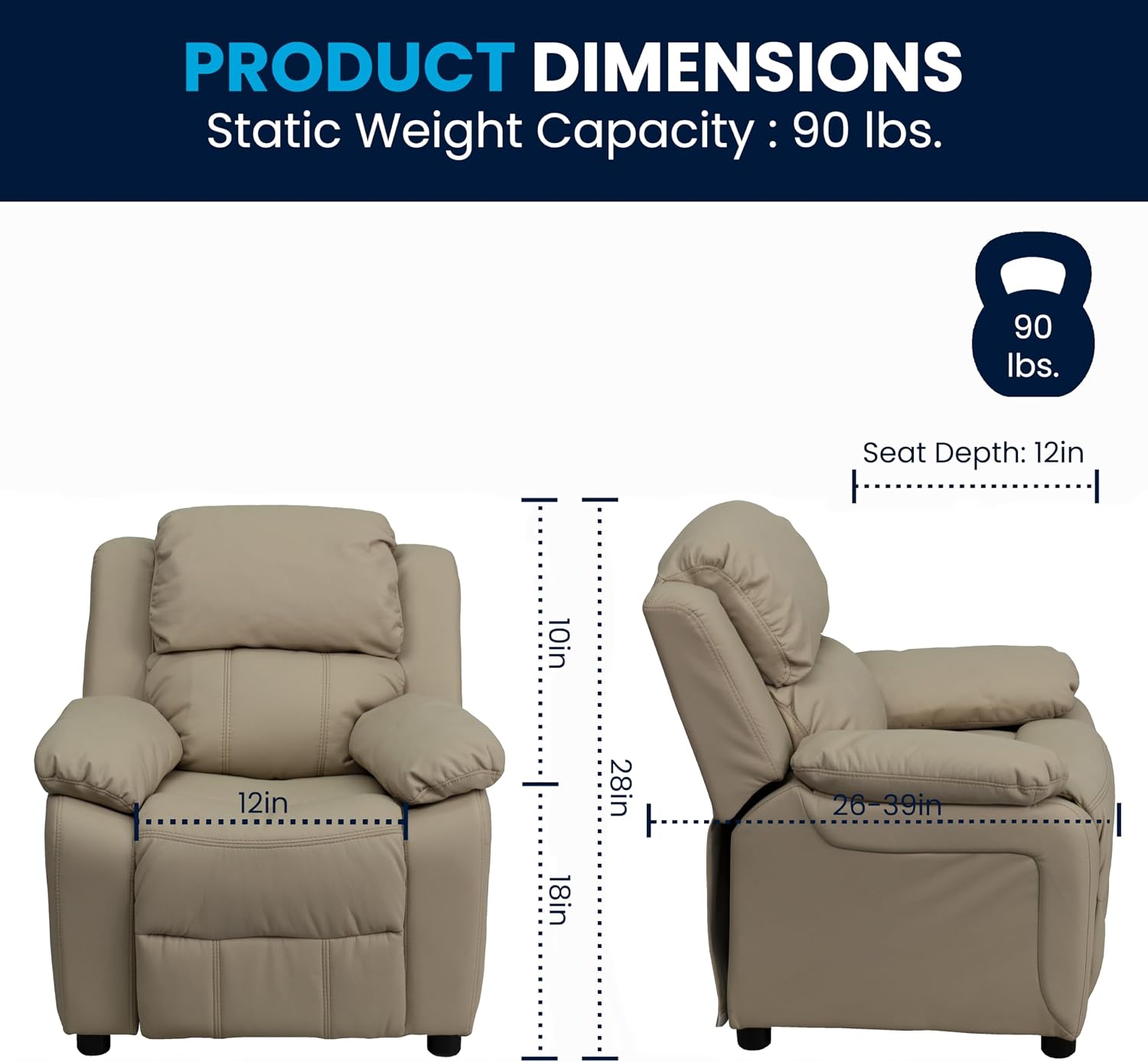 Flash Furniture Charlie Vinyl Kids Recliner with Flip-Up Storage Arms and Safety Recline, Contemporary Reclining Chair for Kids, Supports up to 90 lbs., Beige