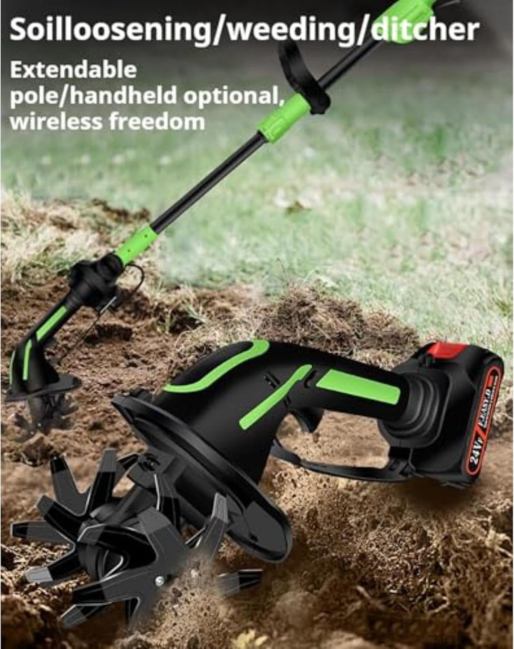 2 in 1 Cordless Tiller and Cultivator with Extension Pole, 20V Lightweight Handheld Battery Tiller Cultivator for Garden, Flower Beds, Weeding, Trenching, Battery Included (2 Battery)
