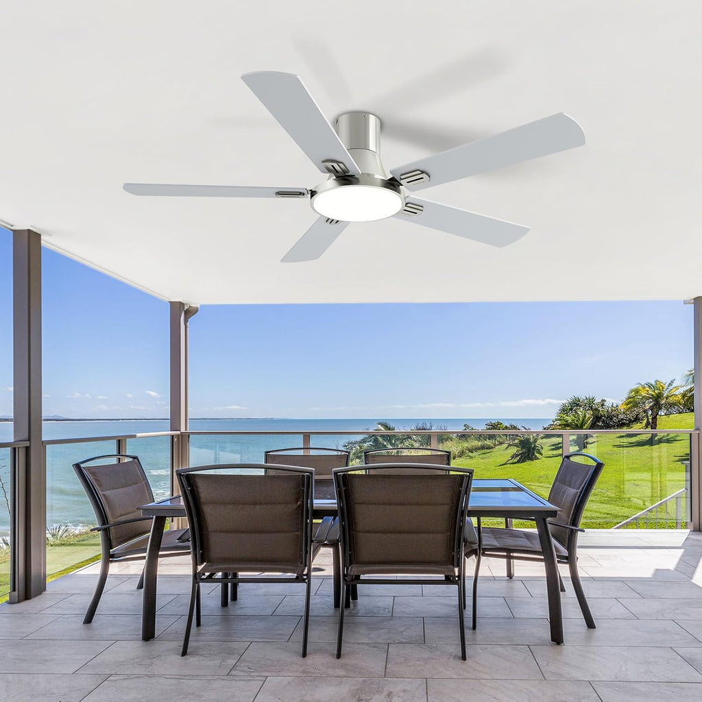 SNJ 52 Inch Brushed Nickel Ceiling Fans with Lights and Remote,Flush Mount Low Profile 5 Blades Ceiling Fan,Dimmable Quiet Reversible DC Motor for,Living Room,Bedroom and Patio