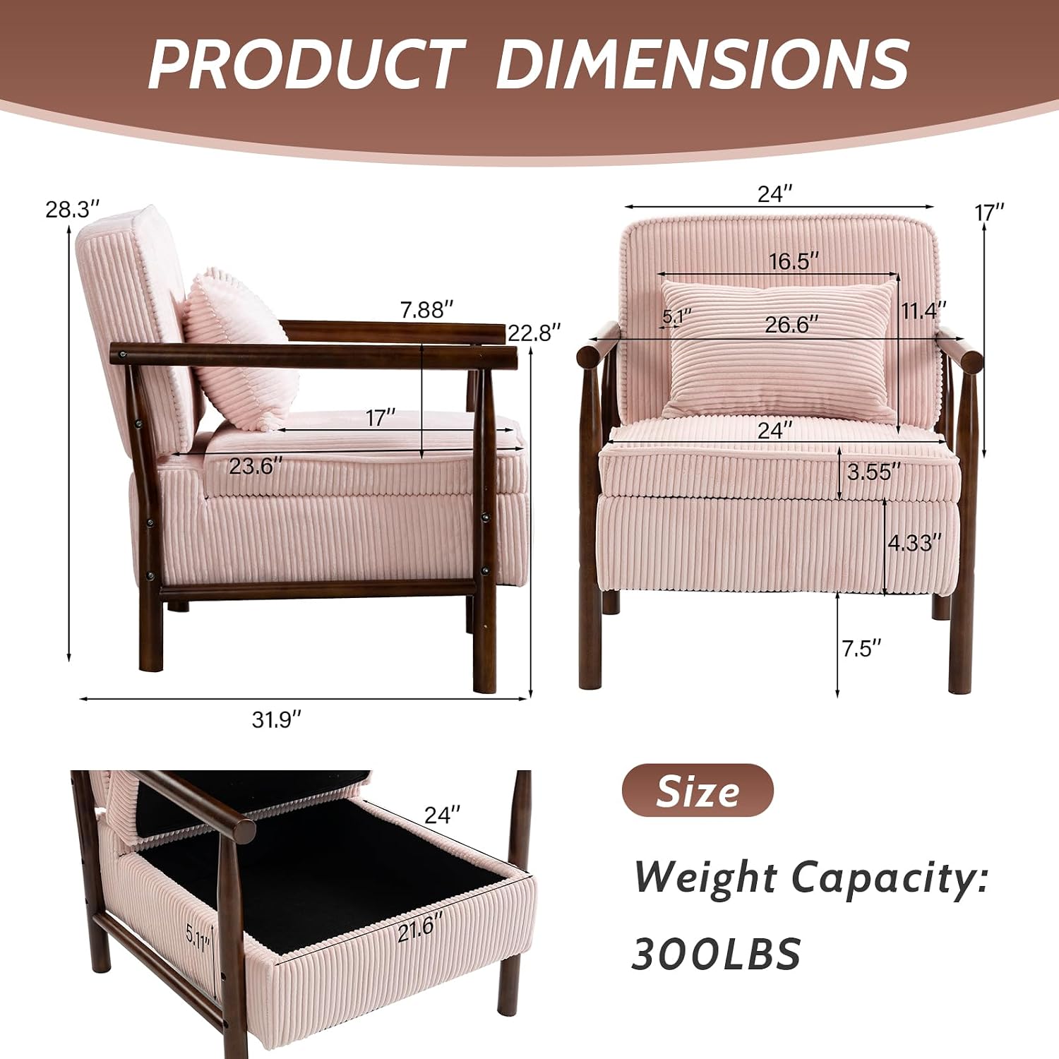 Accent Chair with Hidden Storage, Mid-Century Upholstered Armchair with Solid Wood Frame, Corduroy Fabric Accent Chair for Living Room, Bedroom, and Reading Corner(Pink)