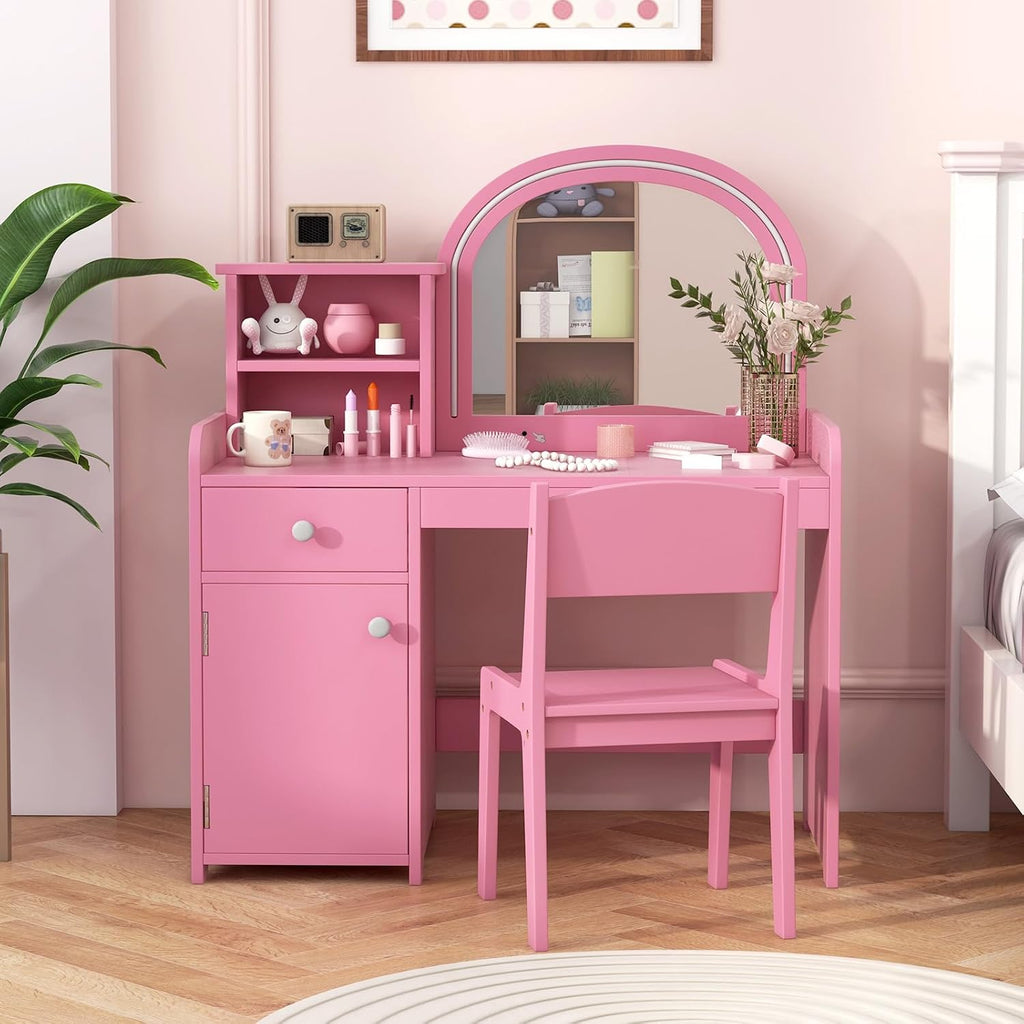 INFANS Kids Vanity, Princess Makeup Desk and Chair Set with Lights Mirror Drawer Storage Shelves, Wooden Dressing Table, Pretend Play Vanity Set for Girls
