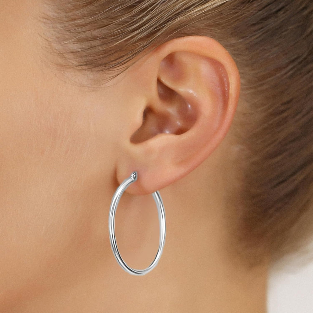 Classic 10K White Gold Hoop Earrings - Shiny Polished Plain Round Gold Hoops for Women and Men