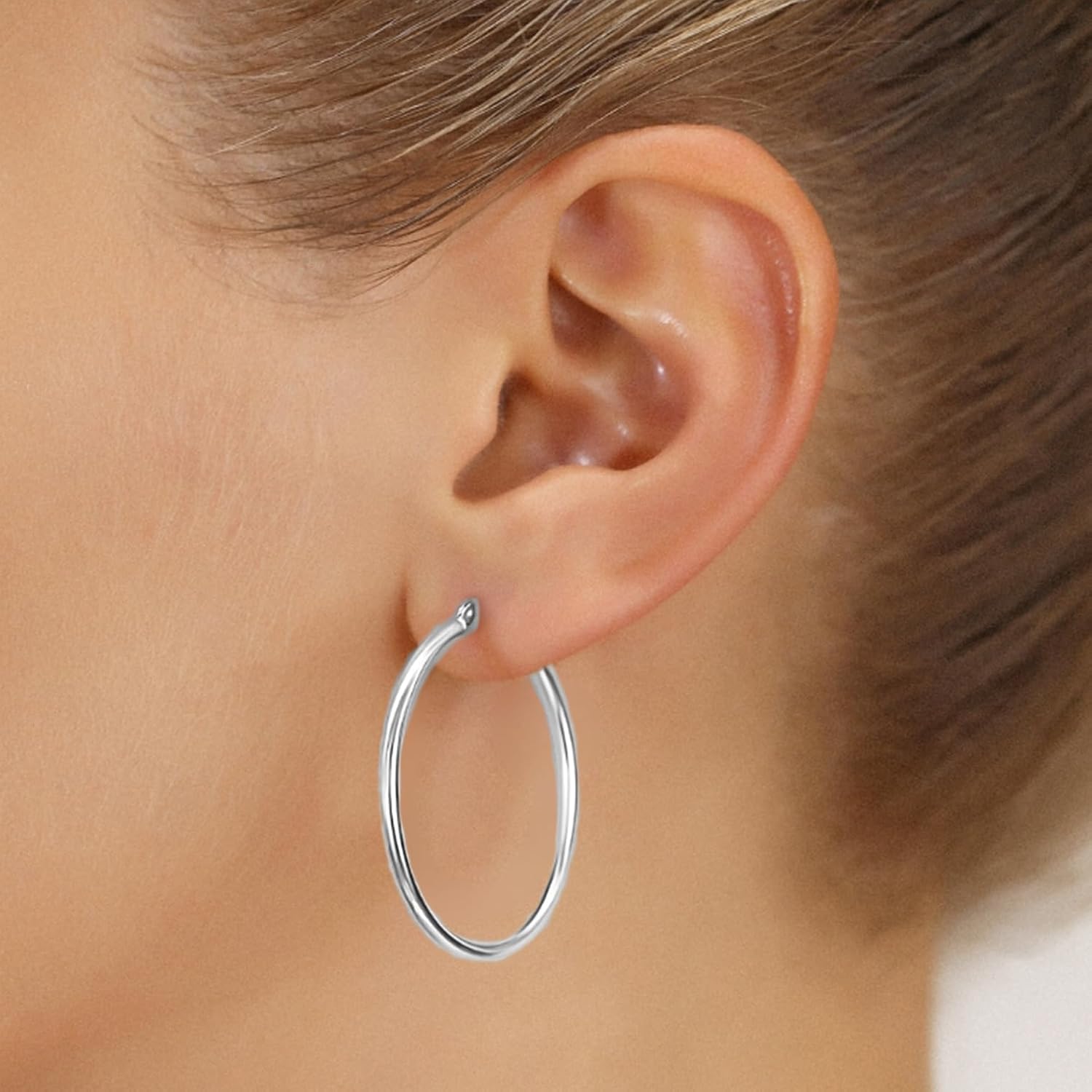Classic 10K White Gold Hoop Earrings - Shiny Polished Plain Round Gold Hoops for Women and Men