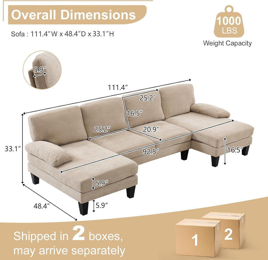 Karl home U-Shape Sectional Sofa Couch 111' Modern 4-Seat Sofa with Chaises Chenille Fabric Upholstered Covertible Couch with Wood Grain Legs for Living Room, Reception Room, Apartment, Khaki