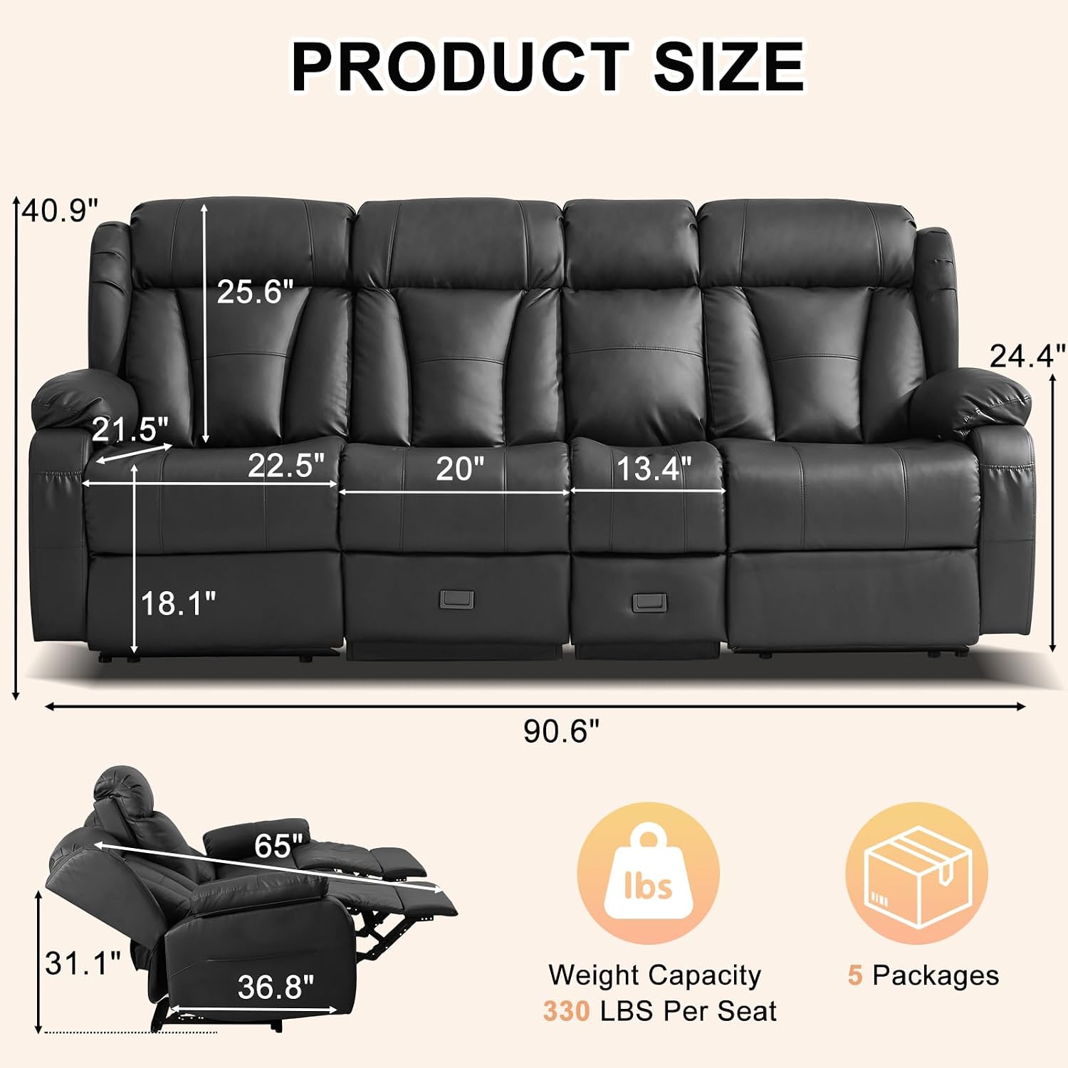 Loveseat Recliner Sofa,3 Seater RV Recliner Couch, Manual Reclining Loveseat with Console for Living Room, Home Theater Seating with AC/USB C/USB and Drawer (Black, 3 Seater + Console)