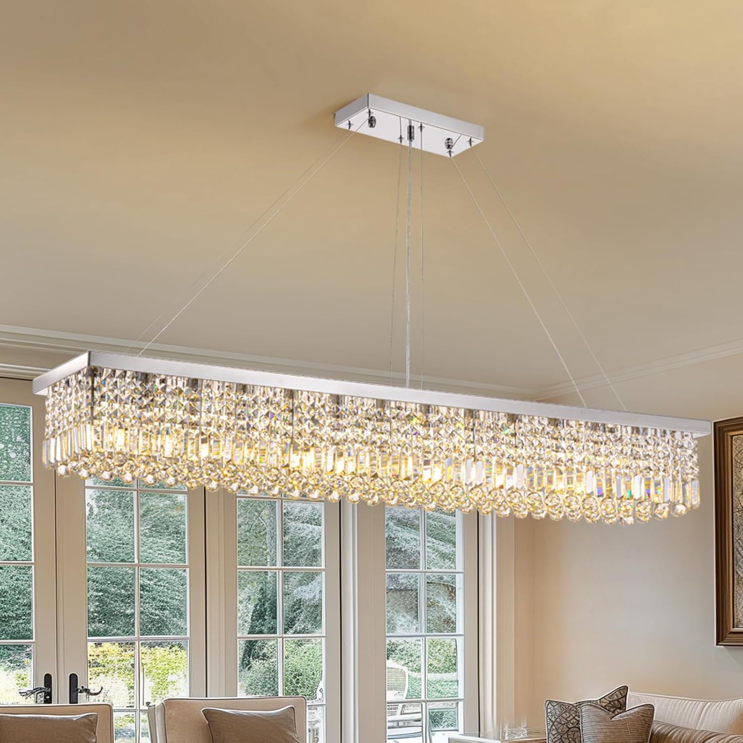7PM Rectangle K9 Crystal Chandelier Modern Rectangular Pendant Light Fixture for Dining Room Kitchen Island Chrome L59'' x W10'' x H9''