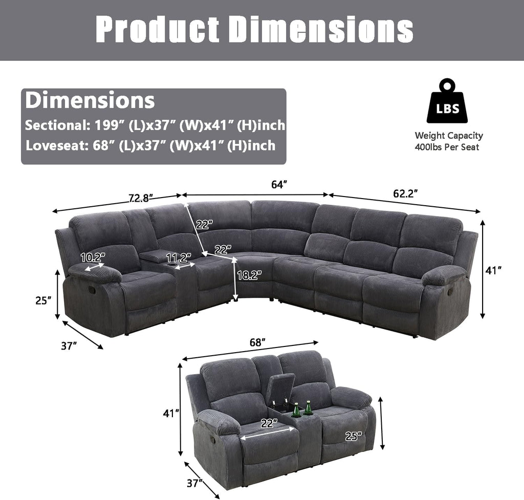 A Ainehome Sectional Recliner Sofa Set with Storage, Living Room Furniture Set Corduroy Sofa Sets Manual Reclining Sectional Couches for Living Room with 4 Recliner Seats(Living Room Set, Dark Grey)