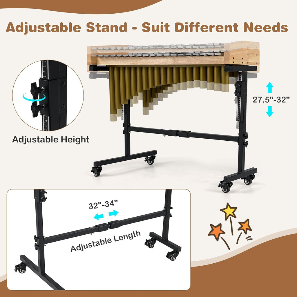 Costzon 32 Note Marimba, Aluminum Xylophone with Rubber Wood Base & Resonance Tubes, 32-Key Professional Glockenspiel with Mallets, Adjustable Stand & Lockable Wheels for Beginners, Students & Adults
