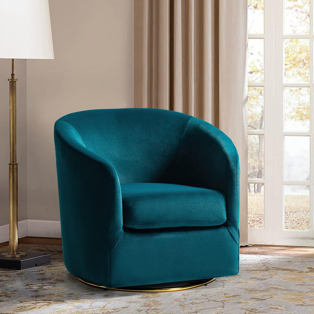HULALA HOME Swivel Accent Chair with Gold Metal Base, Contemporary Velvet Curved Swivel Barrel Chair, Upholstered Club Armchair, Leisure Single Sofa for Living Room, Nursery, Bedroom(Teal)