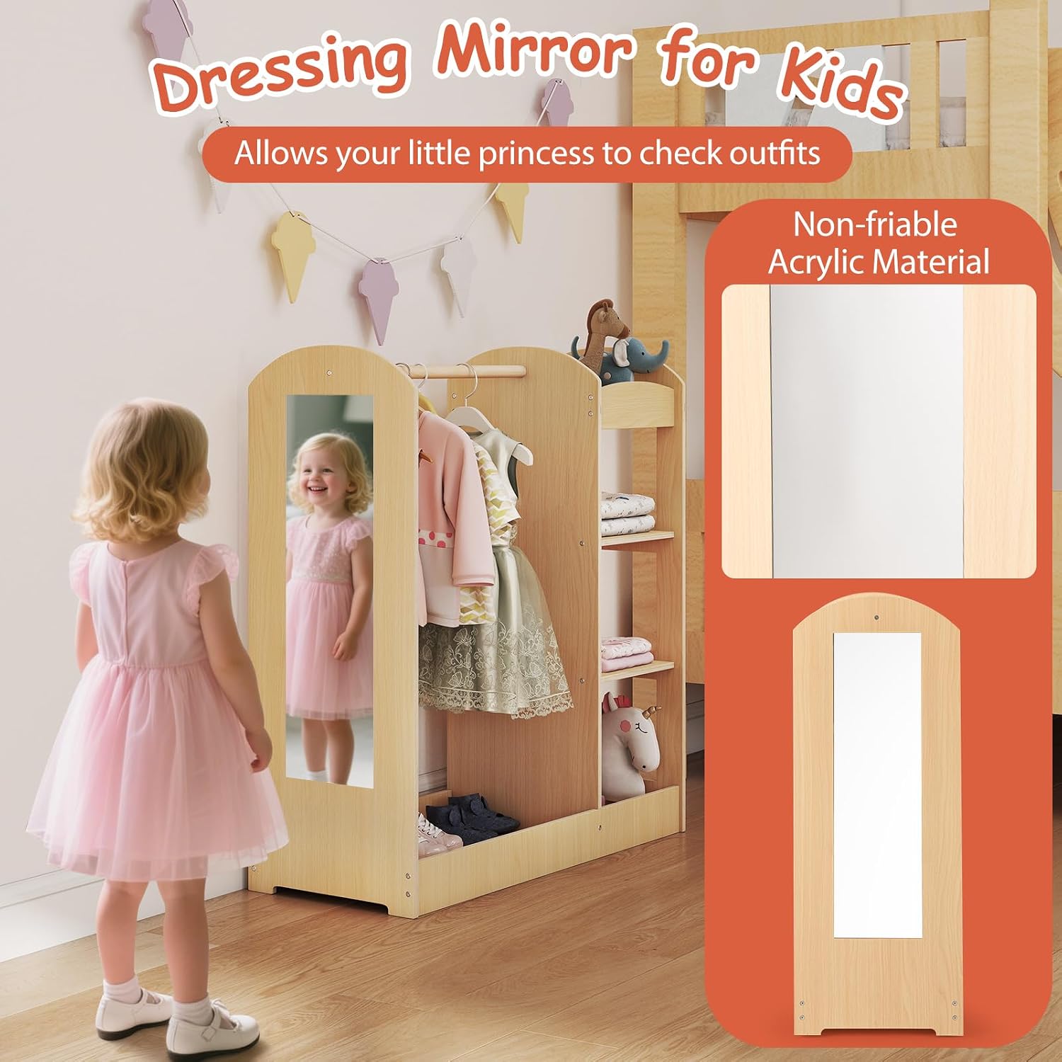 HONEY JOY Kids Dress up Storage with Mirror, Wooden Children Costume Wardrobe Closet, Open Hanging Toddler Armoire, Pretend Play Baby Dresser for Bedroom Playroom, Gift for 2+ Years Old (Natural)